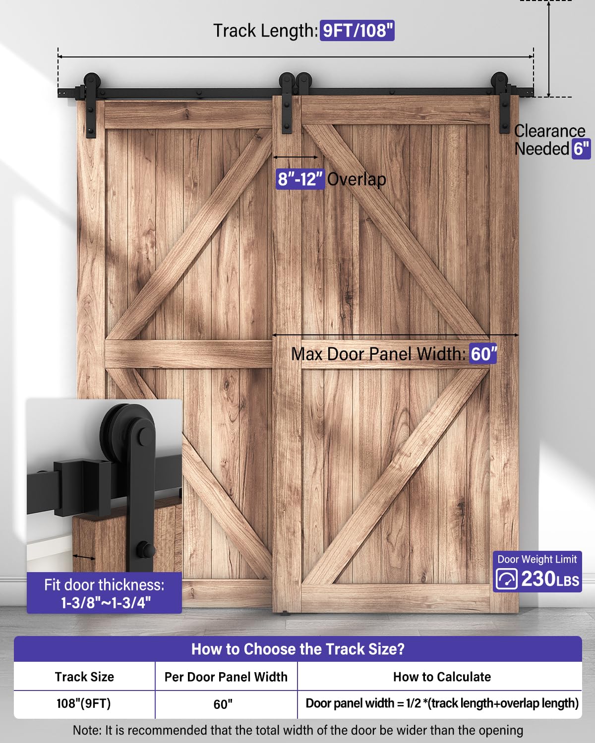 ZEKOO 9FT Single Track Bypass Sliding Barn Door Hardware Kit for Double Doors, Bypass Barn Door Hardware, Flat Track Roller, Low Ceiling (9FT)