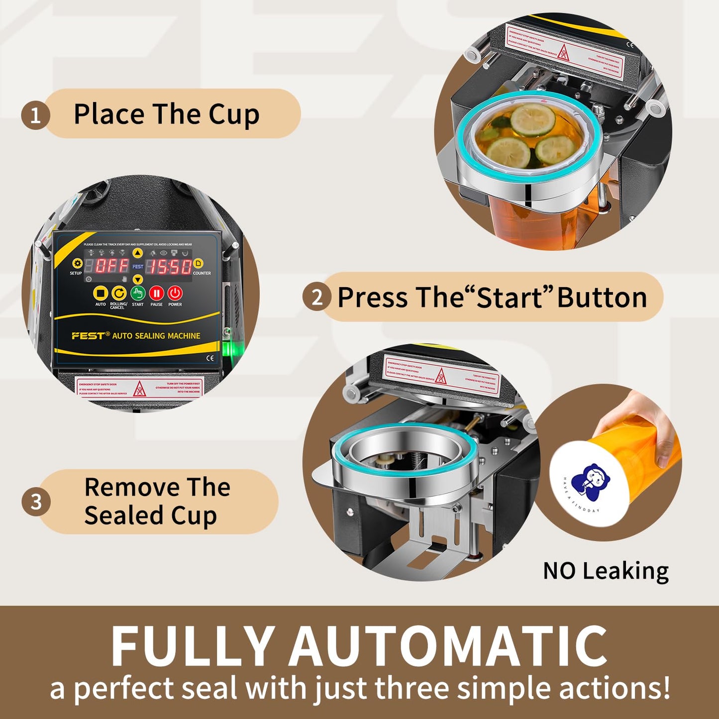 FEST Cup Sealing Machine, 90/95mm Caliber Cup Fully Automatic Sealer Machine with Digital Panel for Bubble Milk Tea Coffee Shop,Seals 550-650 Cups/H
