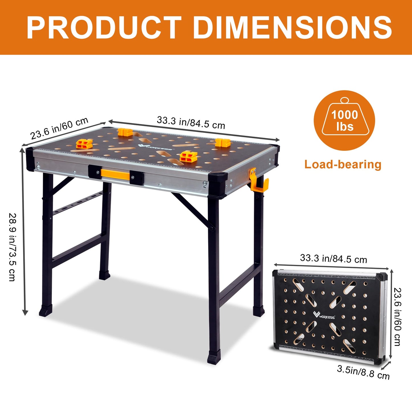 WORKESS Portable Workbench 1000Lbs Capacity Heavy Duty Folding Work Table with 2 Quick Clamps, 4 Bench Dogs, 3 Tool Boxes for Garage Easy Storage