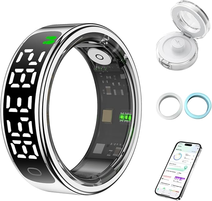 Smart Health Ring for Women Men, Smart Ring Fitness Tracker for iOS Android, Heart Rate, Blood Oxygen, Blood Pressure, Sleep Monitoring,5ATM Waterproof, No Subscription Fee (Silver, 8#)