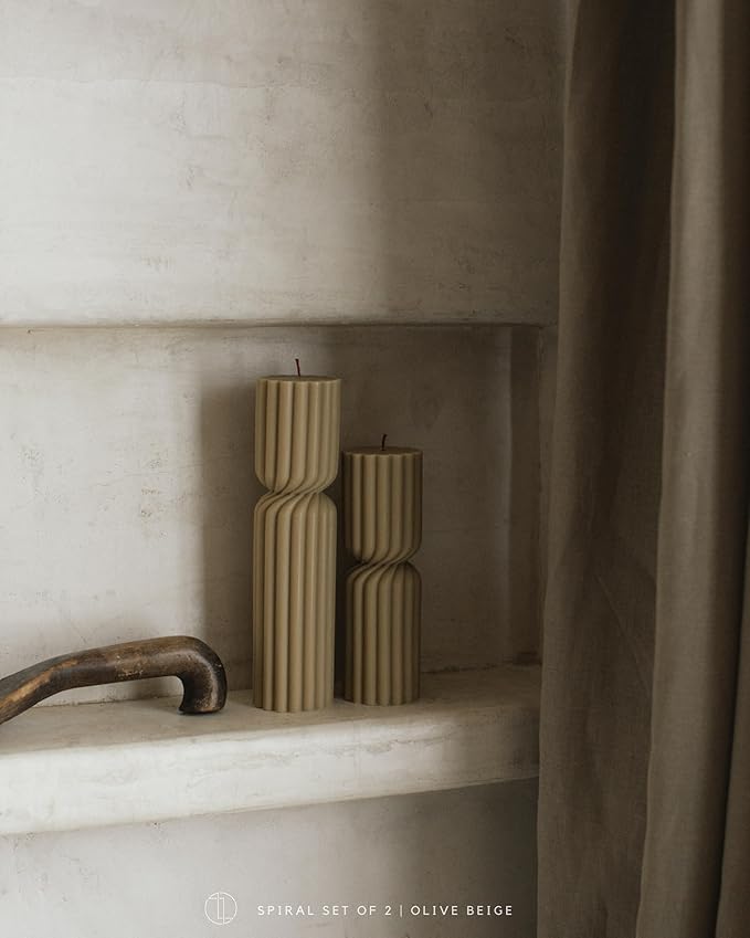 LAWA Spiral Spire Candle - Large Beautiful Handmade Pillar Scented Soy Wax Elegant Bubble Aesthetic Candle Housewarming Gift Home Room Shelf Decor Idea White (Set of 2, Olive Beige)