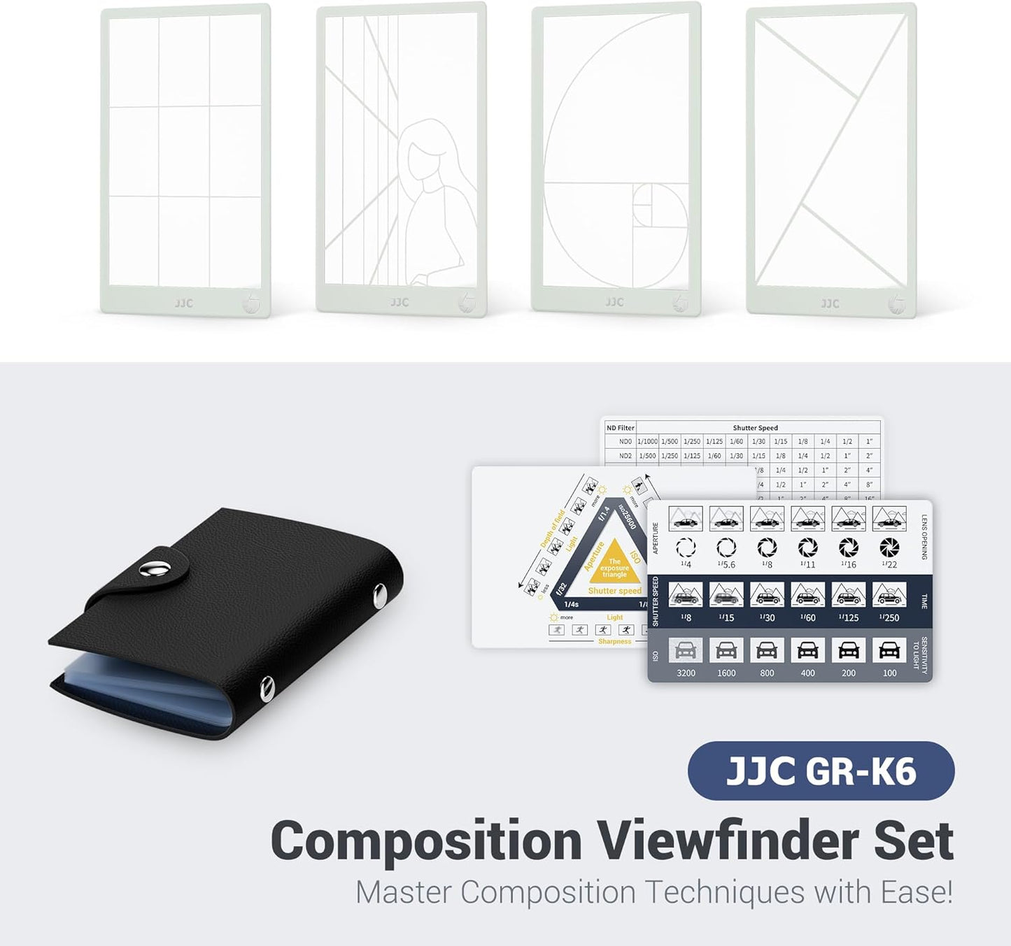 (11 Pcs) JJC Composition Viewfinder View Catcher Tool, Golden Ratio Fibonacci Spiral Rule of Thirds Leading Lines Card