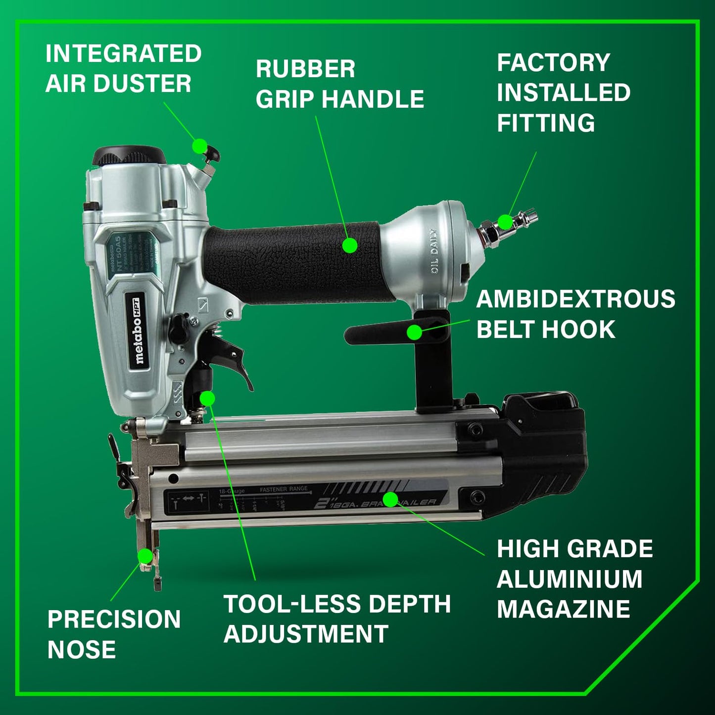 Metabo HPT Pro Brad Nailer, Pro-Preferred Pneumatic Finish Power Nailer for Trim Work, Furniture Building, Lightweight and Durable with Aluminum Magazine, 18 Gauge, 5/8″ to 2″ Brad Nails, NT50A5