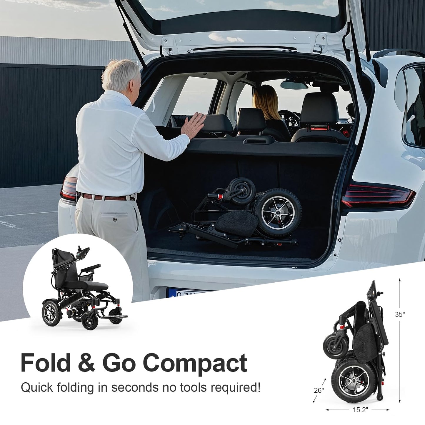 35 Miles Long Range Electric Wheelchair for Adults, Foldable Motorized Wheelchair with 2 Removable 12Ah Batteries, All Terrain Power Wheelchairs for Senior, Airline Approved, Black