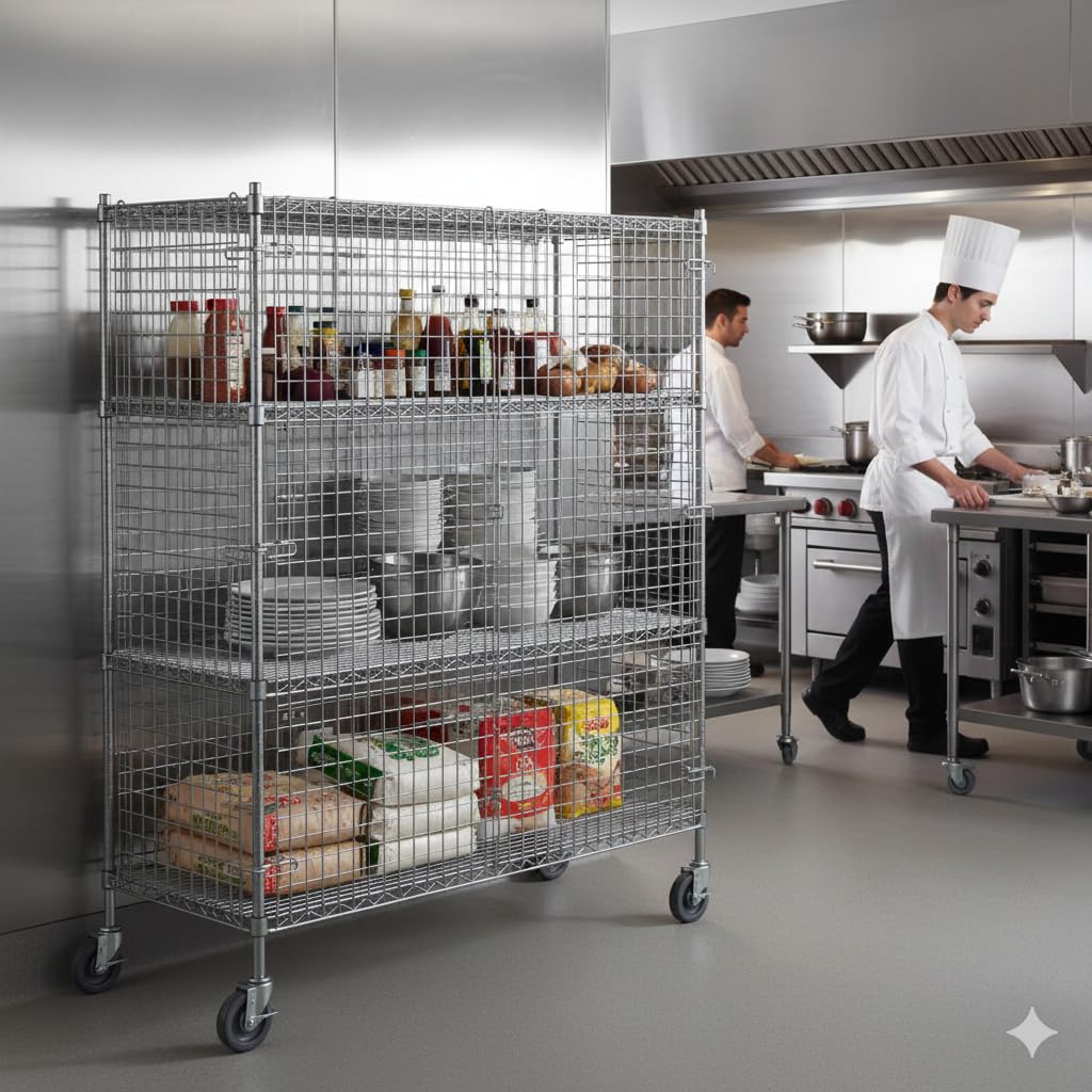 24" x 60" x 70" NSF Mobile Chrome Wire Security Cage Kit with 4 Shelves, Lockable Rolling Storage Unit for Wine, Liquor, Beer & Warehouse Use, Heavy Duty Commercial Steel Storage Rack with Casters