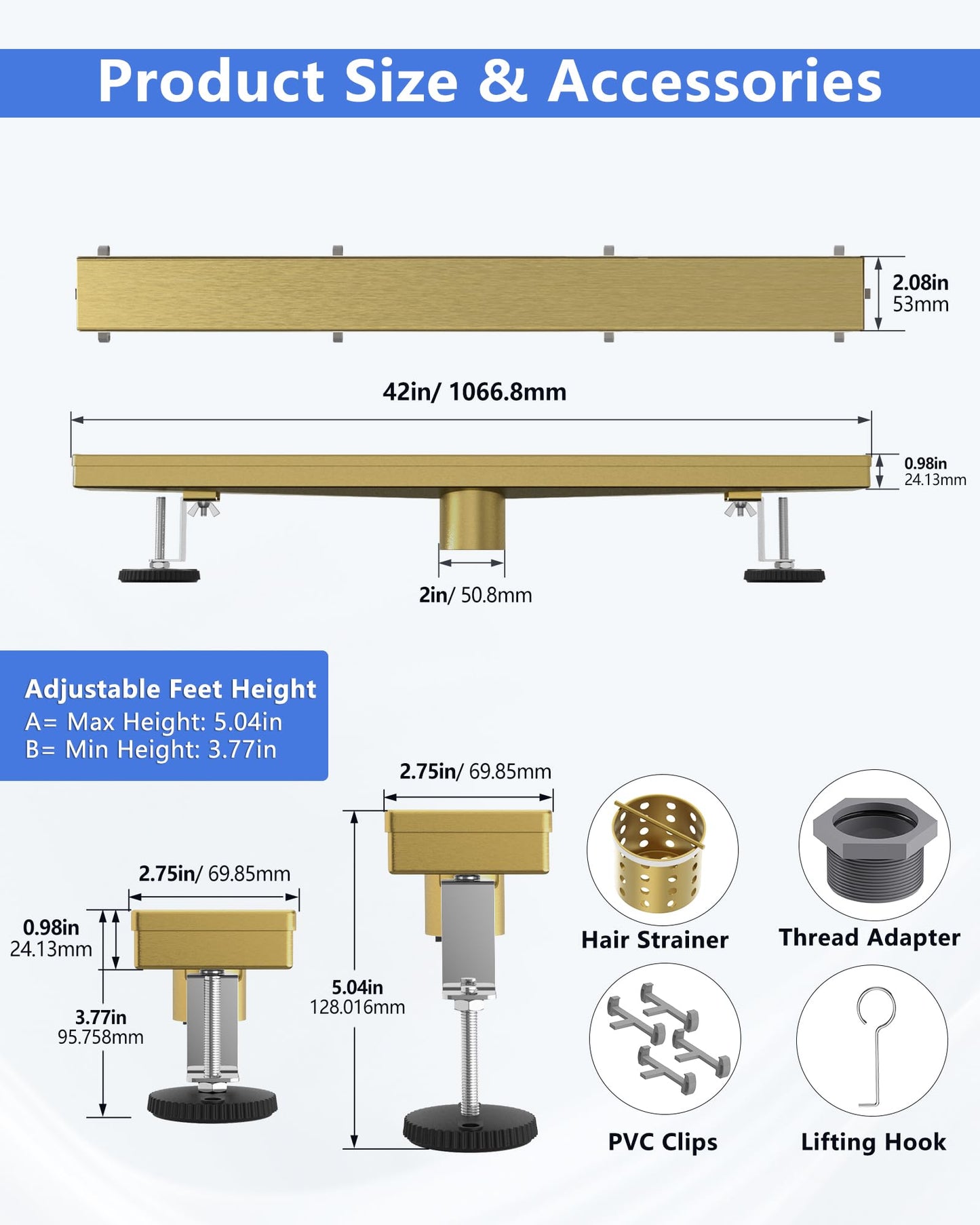 YEFU Gold Linear Shower Drain for Bathroom: 42 Inch Shower Drain with Tile Insert Grate - 304 Stainless Steel Rectangle Linear Drain - 2-in-1 Brushed Gold Shower Floor Drain