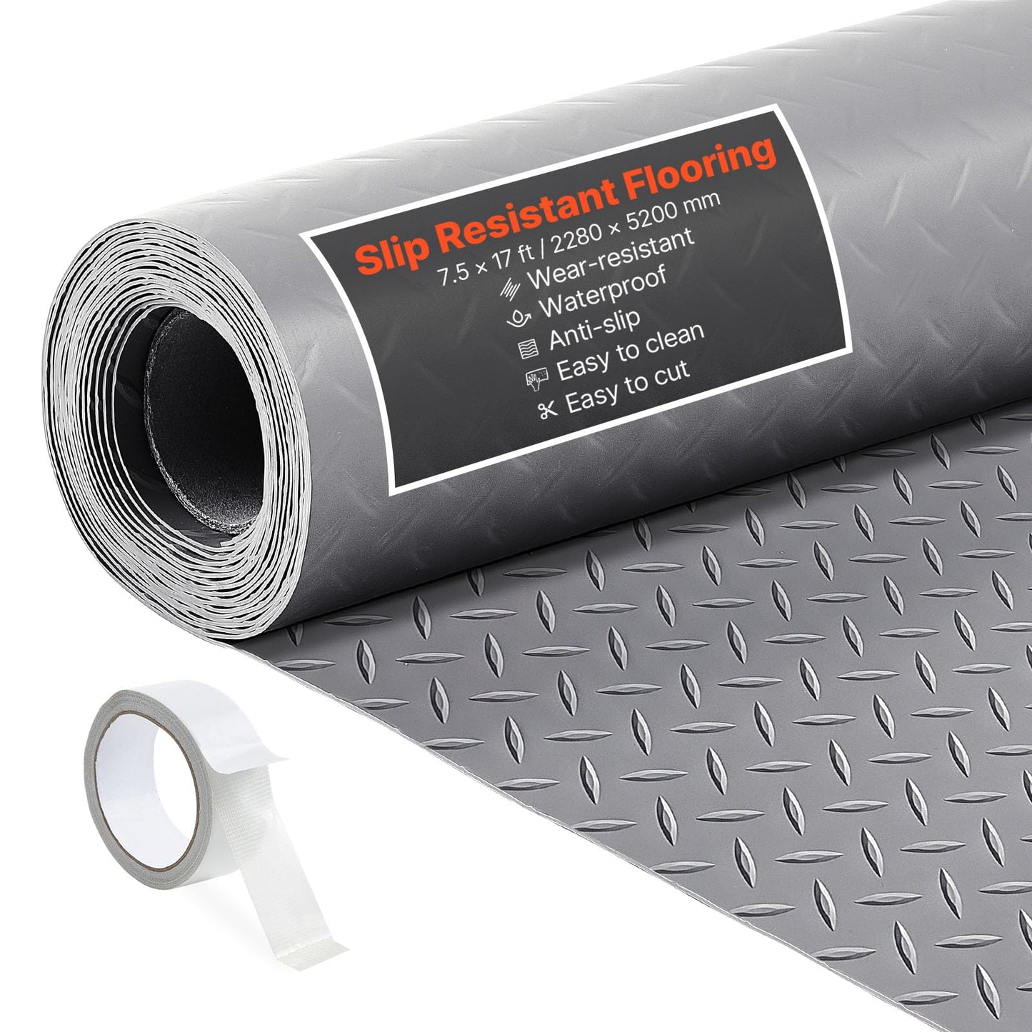 VEVOR Garage Floor Roll, 7.5 x 17 ft Garage Flooring Mat, 2.2 mm Thickened PVC Diamond Plate Floor Protector Mat with Double-Sided Tape, Non-Slip, Easy to Clean for Warehouse, Gyms,Silver Gray