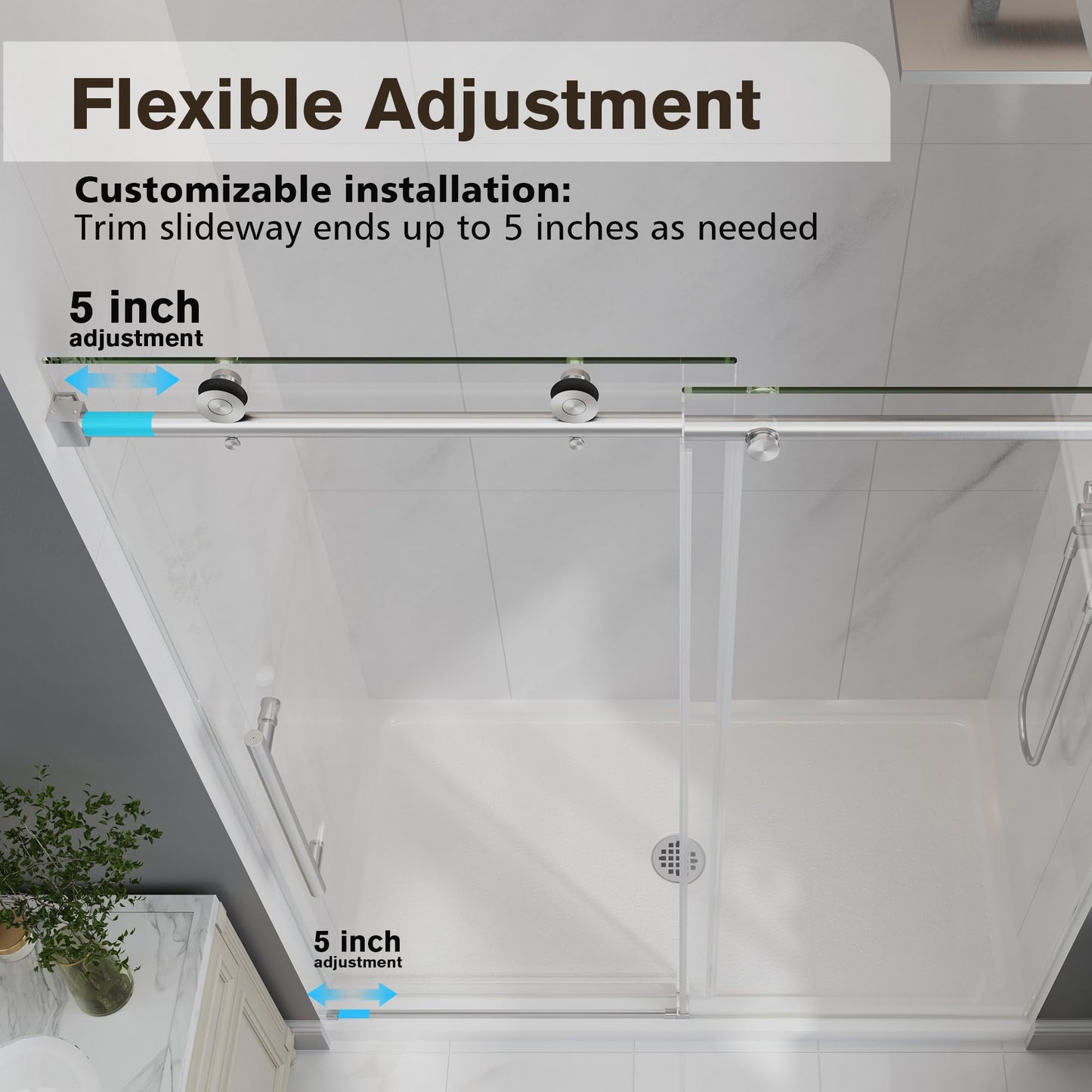 EASYWORC Frameless Glass Shower Door, 55-60" W x 76" H Sliding Frameless Shower Door, 1/4''(6mm) SGCC Tempered Glass, Explosion-Proof Film Nano Coating, Stainless Steel Hardware, Brushed Nickel