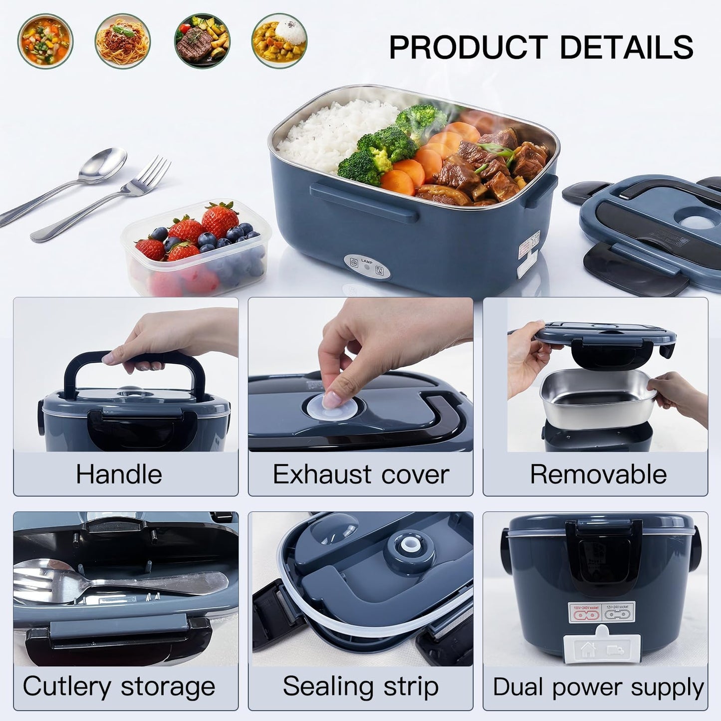 MEGAWISE Electric Lunch Box 1.5L with 304 Stainless Steel Container, 3-in-1 Food Heating Lunch Box for Adults, Food Warmer for Car, Truck, Office, Includes Utensils & Carry Bag (Charcoal Gray)