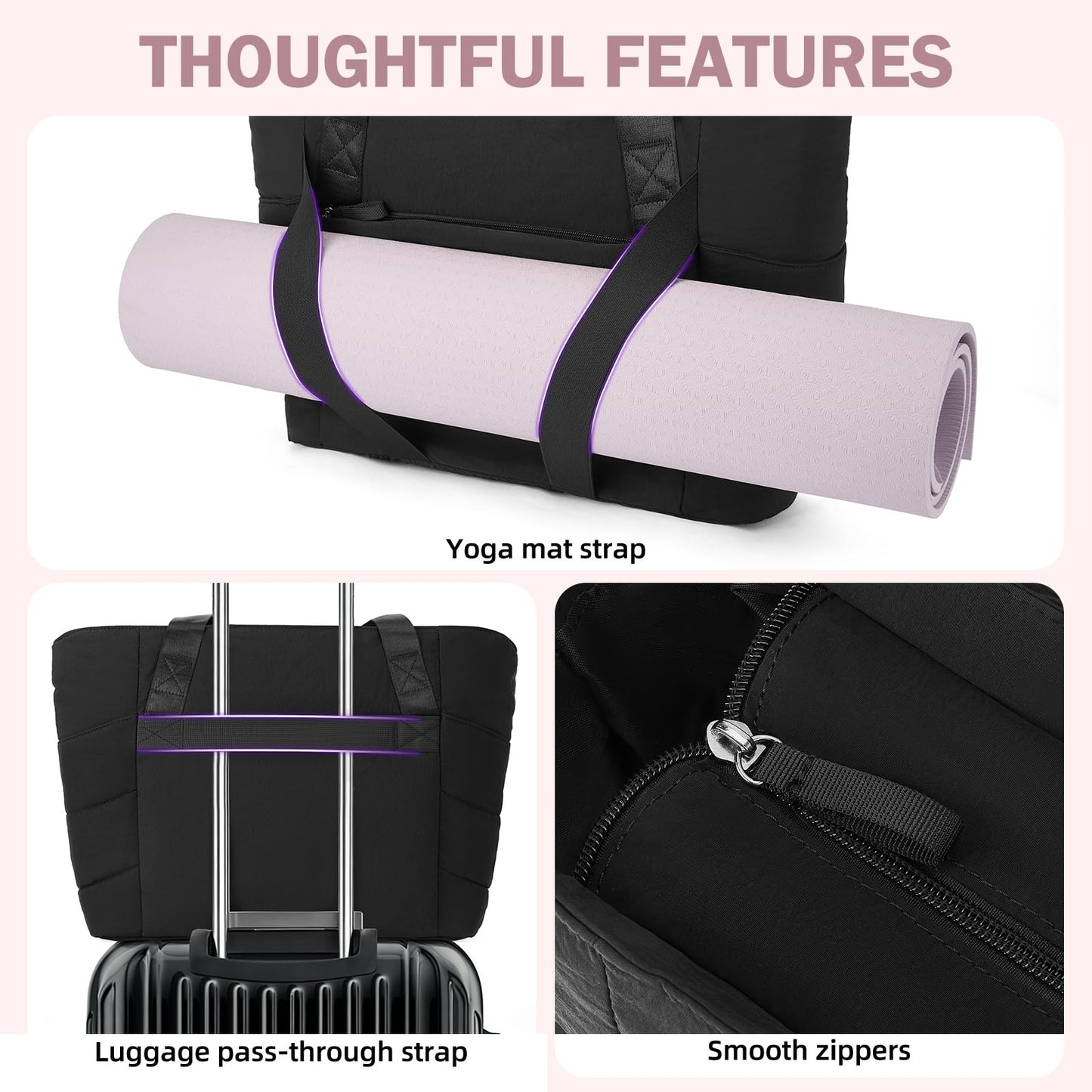 Axcone Cute Yoga Mat Bag Carrier, Pilates Bag for Women, Yoga Tote with Luggage Sleeve & Mat Straps - Gym Work Bag Travel Black