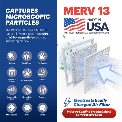 BNX TruFilter 16x25x1 Air Filter MERV 13 (6-Pack) - Electrostatic Pleated HVAC Filters for Allergies & Smoke