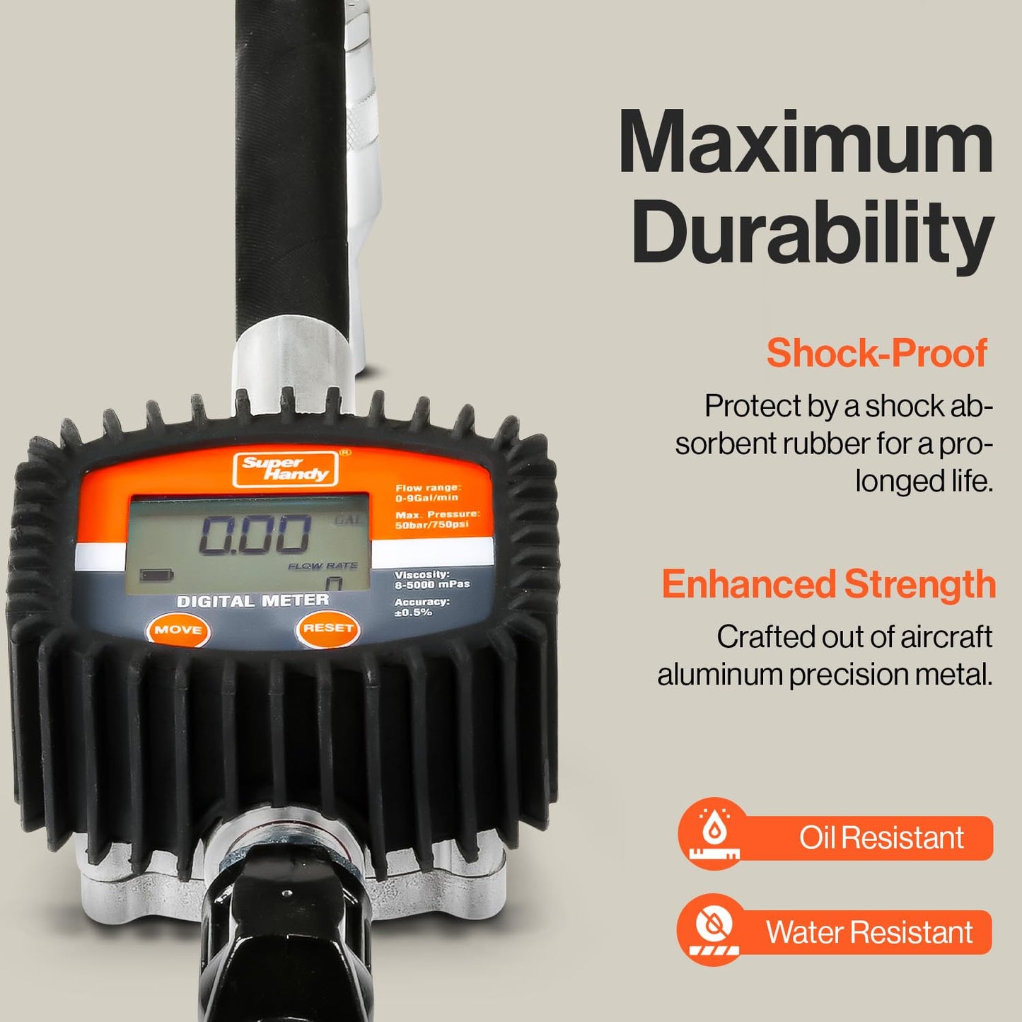 SuperHandy Digital Oil Control Valve Flow Meter Dispenser Nozzle 10 GPM / 35 LPM Heavy Duty Air Operated Pneumatic 1/2" Inch NPT Inlet Pressure Range 70-725 Psi Flexible Spout