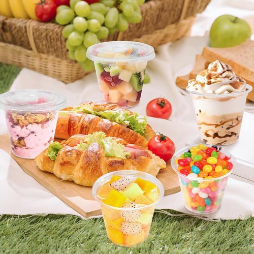 Clawsoff 50 Pack 9 oz Disposable Clear Plastic Parfait Cups with Flat Lids, Yogurt Parfait, Putting Cups for Cake, Cold Drink, Ice Cream, Fruit, Salad