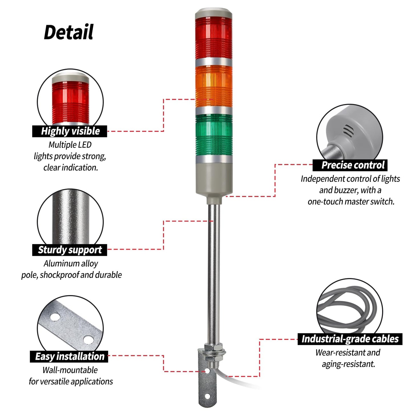 Zuomeng 3 Stack Super Bright LED Andon Tower Light, Red/Amber/Green, Plug & Play Ready, 6 ft Power Cord, IP65, 85 dB Buzzer, Easy Installation for Factory Automation & Safety Alarms