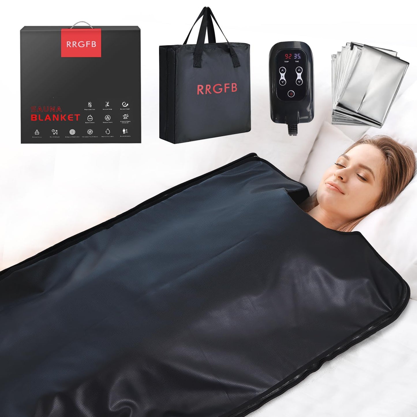 RRGFB Infrared Sauna Blanket, Durable PU Leather Cover Detox & Relaxation at Home Adjustable Timer, Size 6 ft x 2.6 ft(Black)