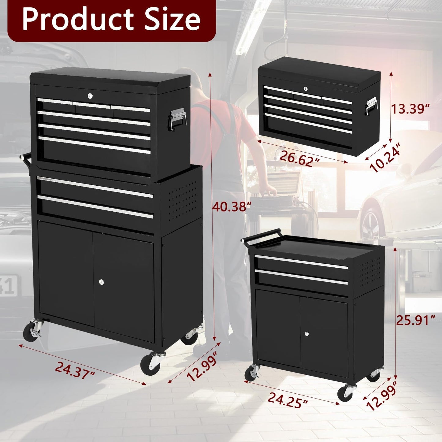 Towallmark 8-Drawer Rolling Tool Chest, 2-in-1 High Capacity Removable Cabinet Storage Tool Box with Wheels and Drawers, Detachable Toolbox with Lock for Workshop Mechanics Garage (Black)