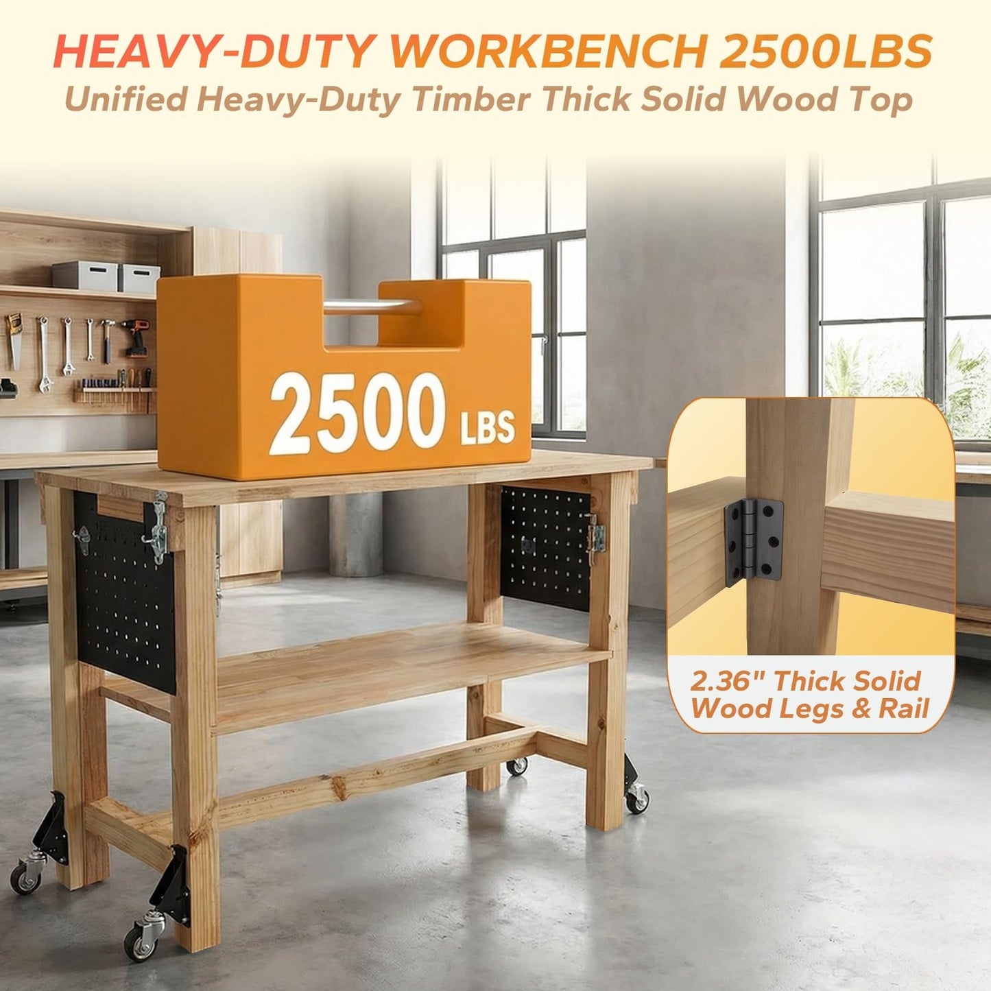 48" Heavy Duty Foldable Workbench with Transformable Wheels and Tool Storage Shelf, Max Load 2500 LBS, Rubber Wood Work Bench for Garage, Woodworking Table with Pegboard