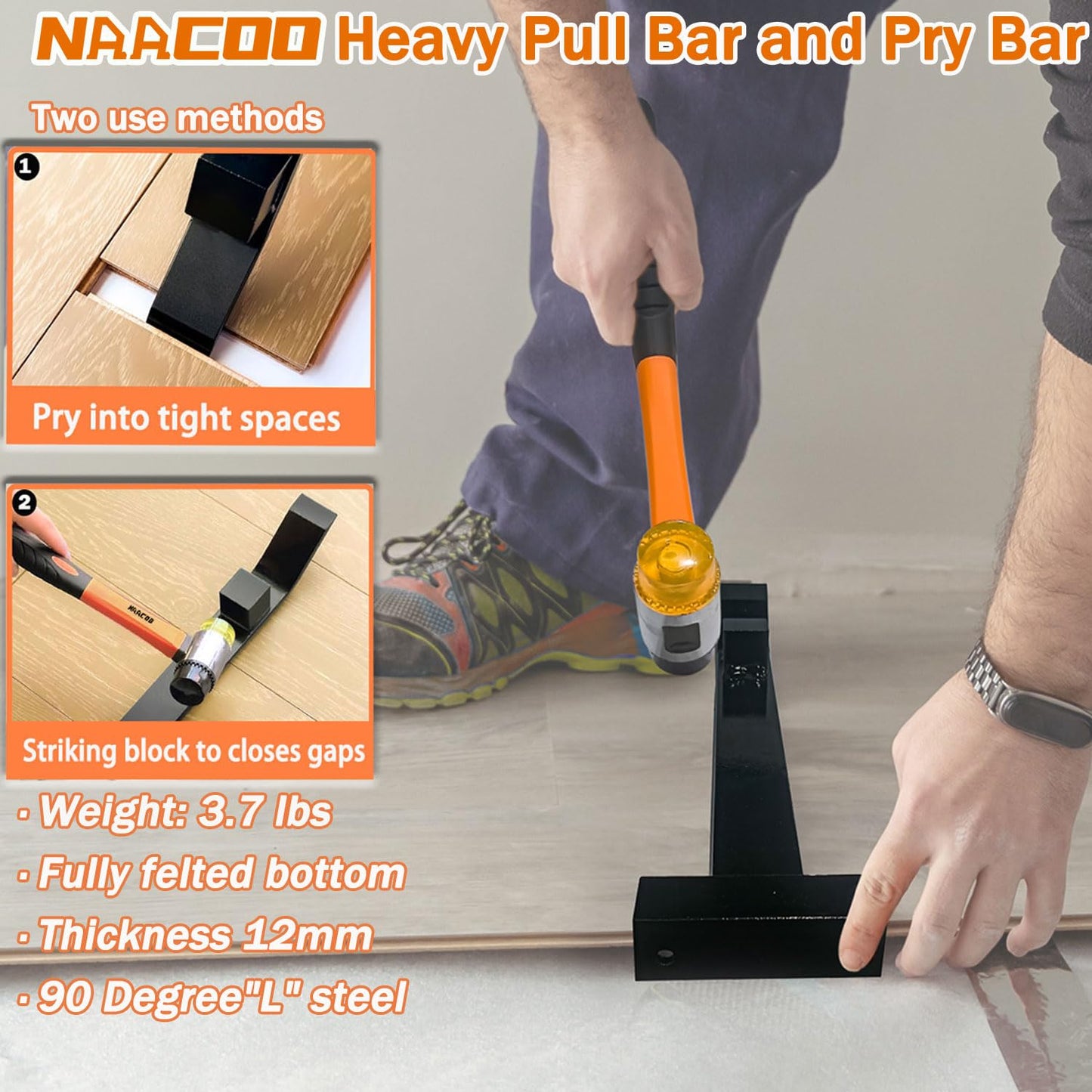 NAACOO Laminate/Vinyl Flooring Tools, Heavy Tapping Block - Knock 1-2 Times, Heavy Pull Bar, 20pc Upgrade Flooring Spacers, Rubber Mallet - Professional 6 in 1 Floor Installation Kit.
