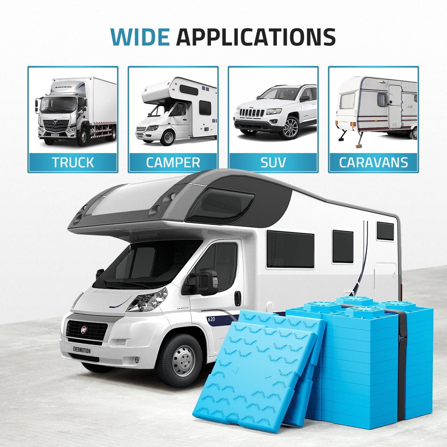 PAULINN RV Leveling Blocks 12 Pack, Heavy Duty Camper Leveling Blocks with 2 Velcro Straps, Interlocking Sturdy RV Blocks for Single & Dual Wheels, Stackable Jack Blocks, Customizable Height, Blue