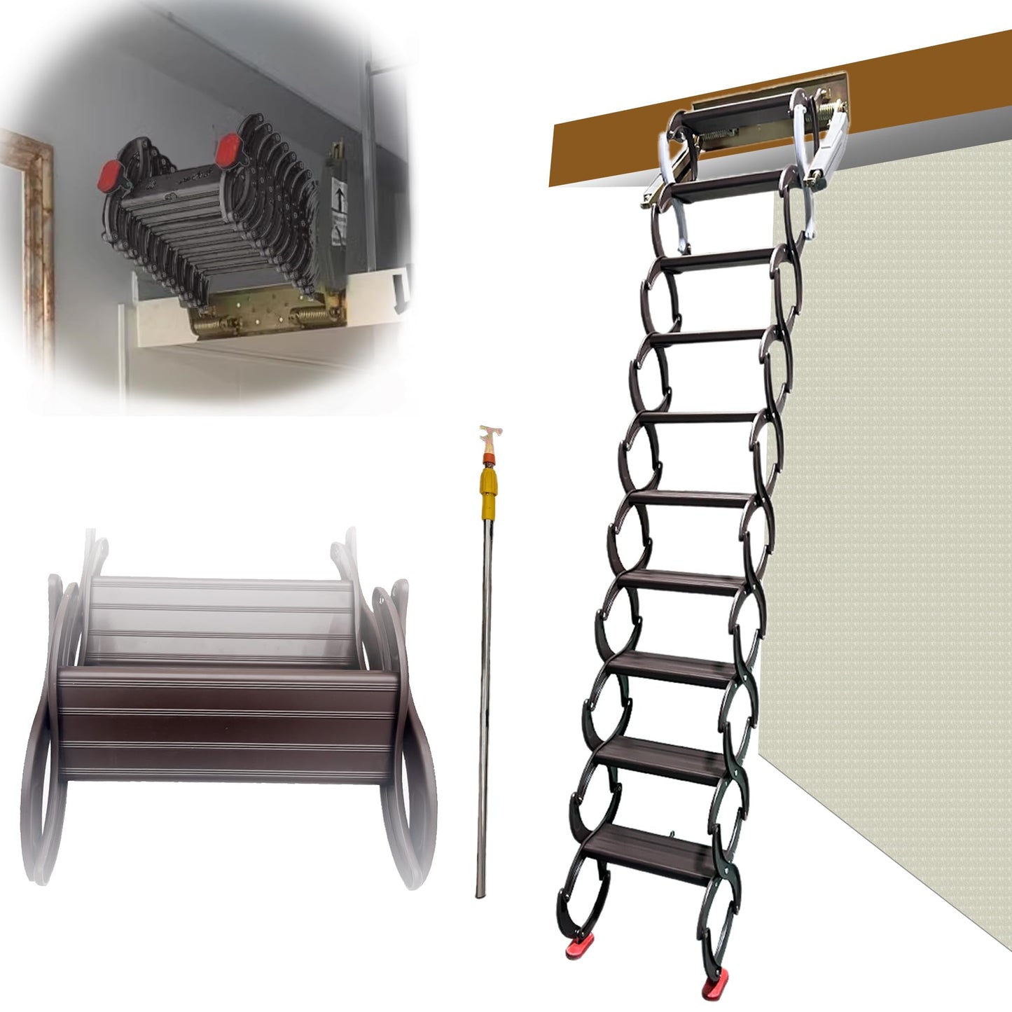 IntXanth Attic Loft Ladder-Foldable Attic Stairs Wall Mounted, 10+2 Steps, Pull Down Ladders 8.2-9.8 FT, Aluminum Attic Ladder with Armrests, Wall Telescopic Scissor Ladders Chocolate