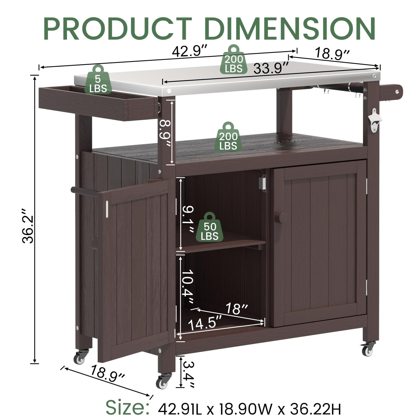 Sunnibety Weatherproof HIPS Outdoor Kitchen Island with Stainless Steel Top & Storage Cabinet, Movable Prep Table with Wheels for BBQ Food Prep, Outdoor Grill Cart for Parties, Brown
