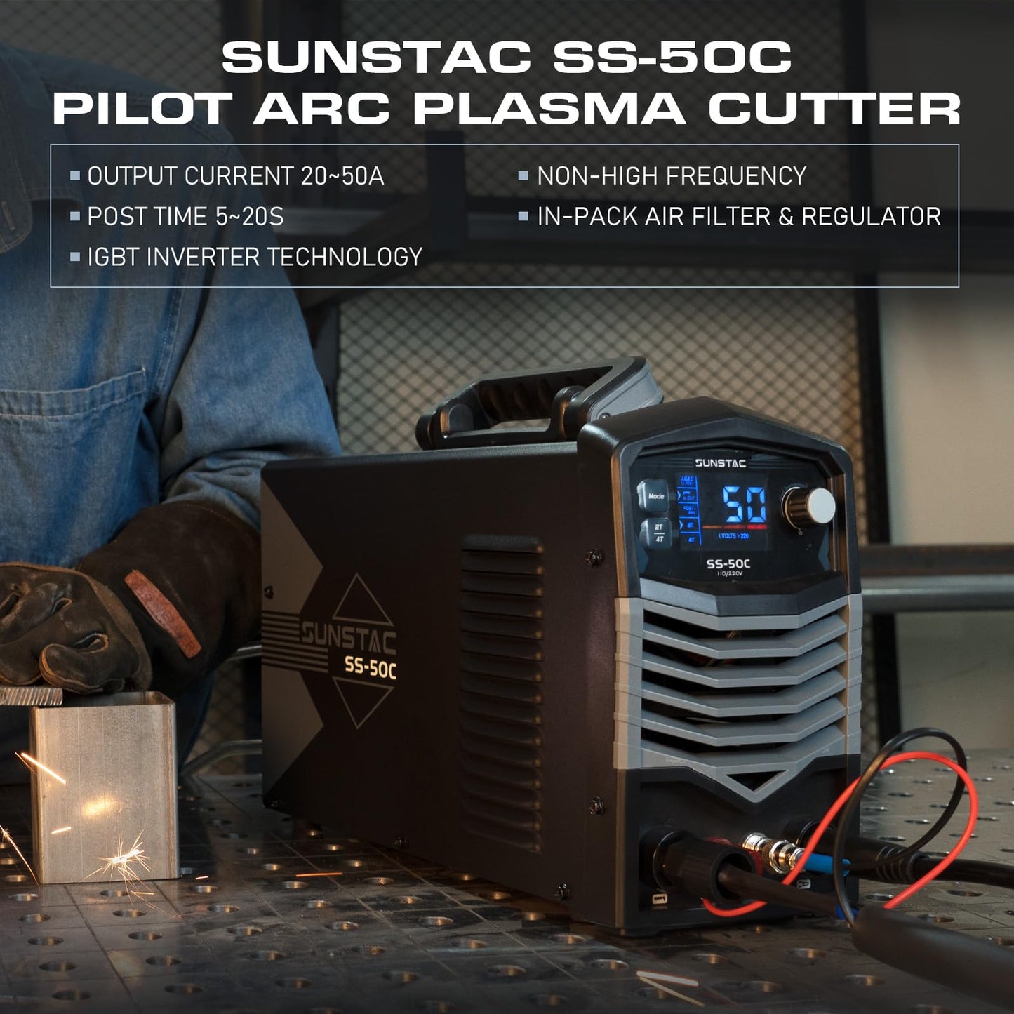 Sunstac Plasma Cutter, Non-Touch Pilot Arc 50Amps Non-High Frequency Plasma Cutting Machine with Large LCD Display 110/220V Dual Voltage IGBT Inverter 4/5 Inch Max Cut 2T/4T, for Beginners DIY