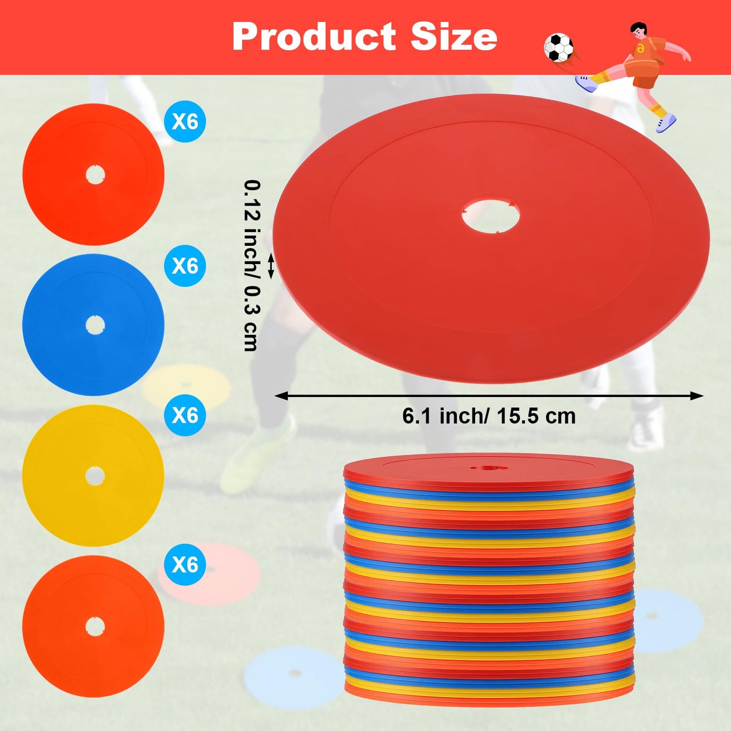 Caeuiciw 24 Packs 6 Inch Flat Cones, Spot Markers, Soccer Cones, Field Court Markers, Flat Discs, Soccer Training Equipment, Agility Practice, Football