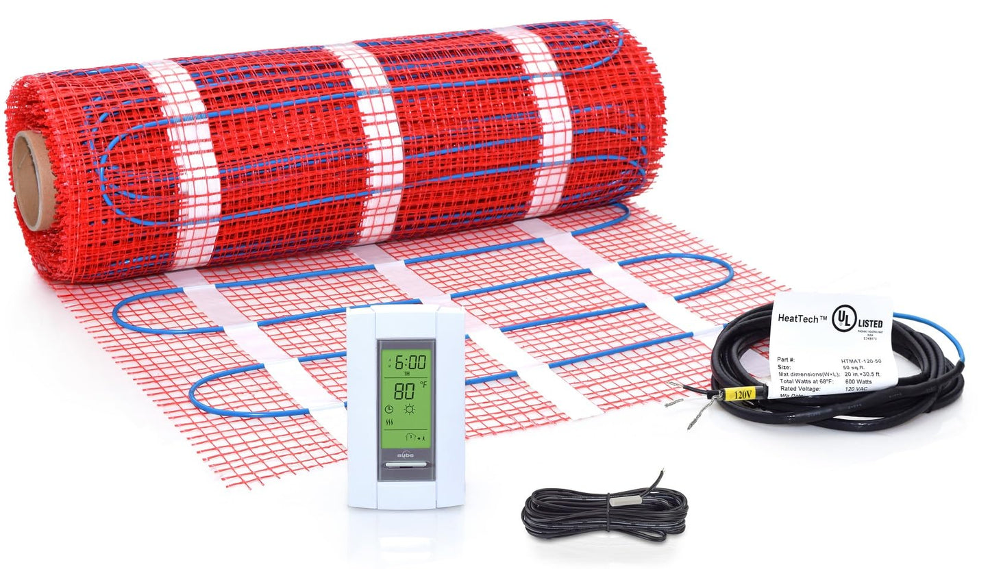 50 sqft Floor Heating Mat Kit, 120V Electric Radiant Floor Heat Heating Mat System with Adhesive Backing, Aube TH115-AF-120S Programmable Floor Sensing Thermostat w/Floor Sensor. Tile, Stone, Marble