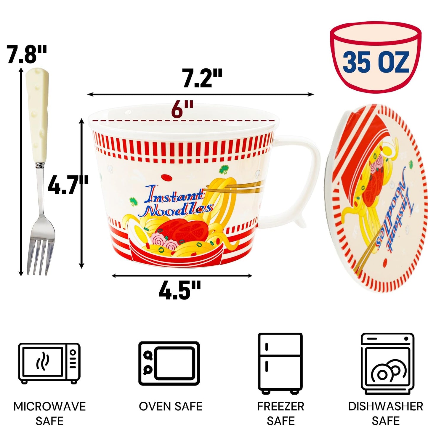 Pumtus Ceramic Ramen Bowl with Lid, 35 OZ Large Japanese Instant Noodle Cup with Fork & Handle, Cute Deep Soup Mug Set, Cereal Porridge Tableware for Home Office Dorm, Microwave & Dishwasher Safe