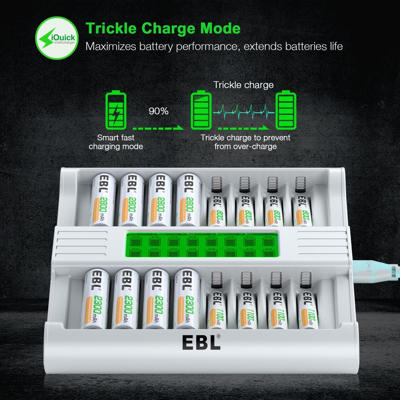 EBL 16 1-Hour AA Battery Charger, Bay Batteries Charger with Fast Charging with LCD Display and AC Plug Cable for AA