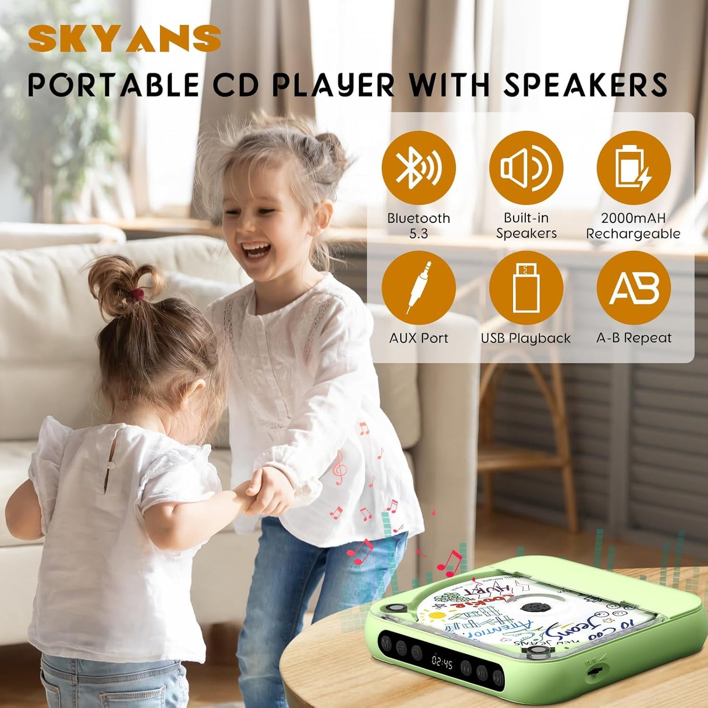 SKYANS Portable CD Player with Bluetooth, Rechargeable CD Player for Home/Car, Built-in HiFi Speakers, Headphones, LCD