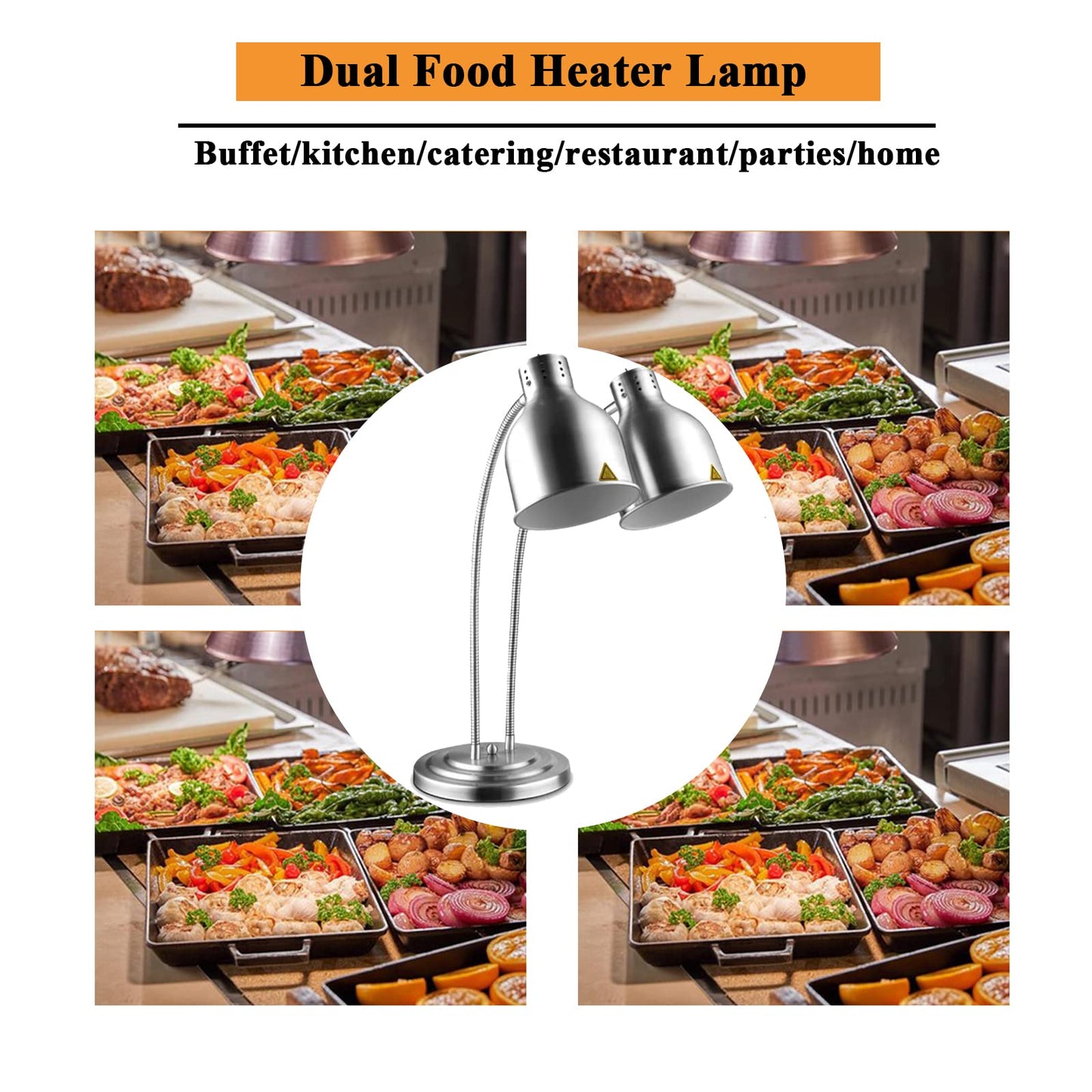 GAINTOO Dual Bulb Food Heat Lamp Restaurant Food Warmer Light Portable Heating Lamps Silver (Dual Head)