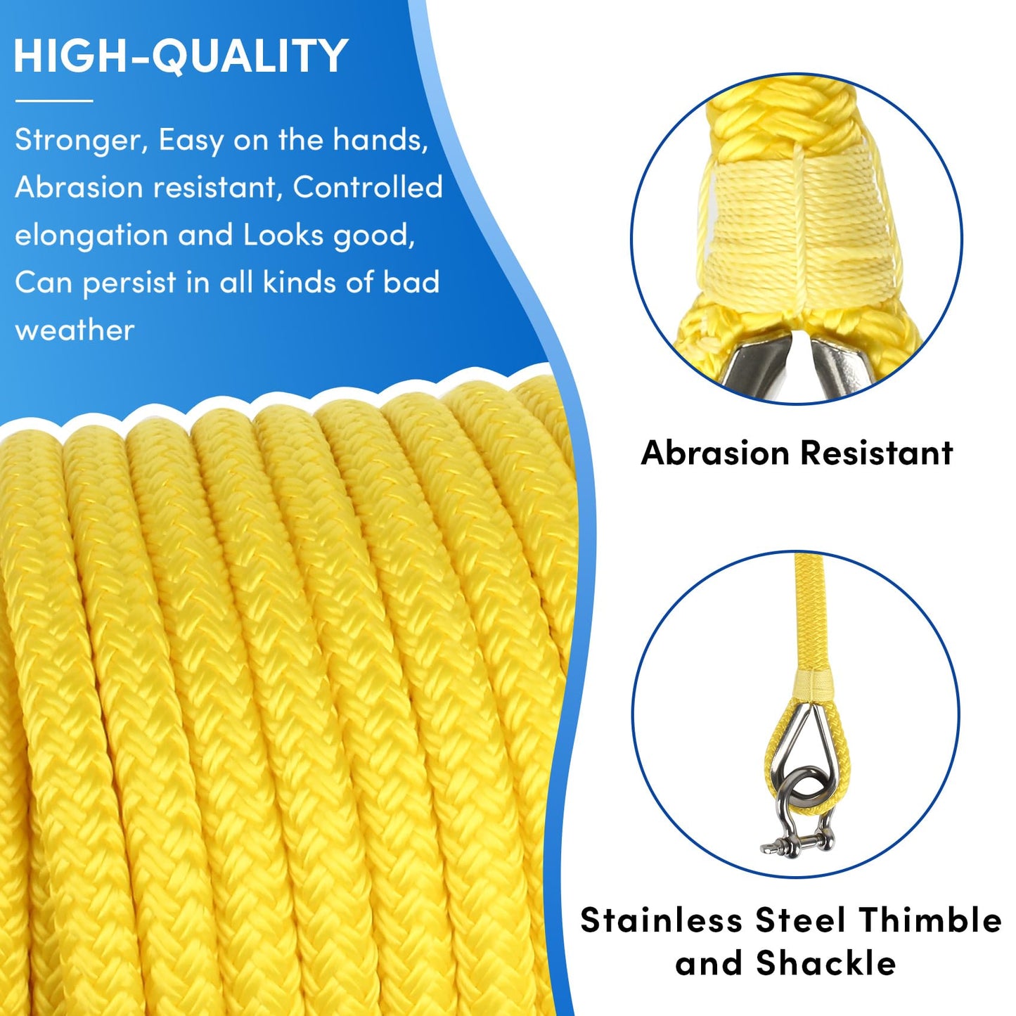 VEITHI Boat Anchor Rope 100 ft x 1/2 inch Yellow, Double Braided Anchor Line with Stainless Steel Thimble & Shackle, Marine Rope Ideal for Towing,Mooring,Decks,Anchoring,for Boats Up to 35'