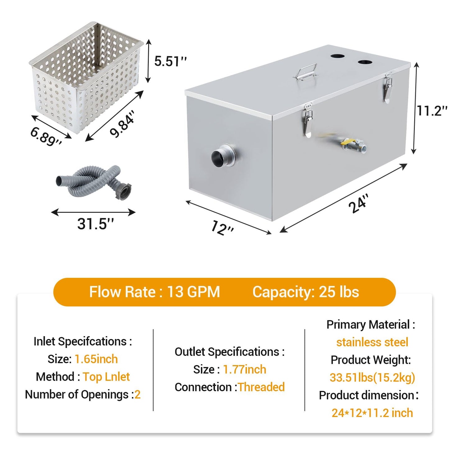 Commercial Grease Trap - 25 Lbs Stainless Steel Grease Interceptor, Side Inlet Interceptor, 13 Gpm Oil-Water Separator, Under Sink Grease Trap, for Restaurant Canteen Kitchen
