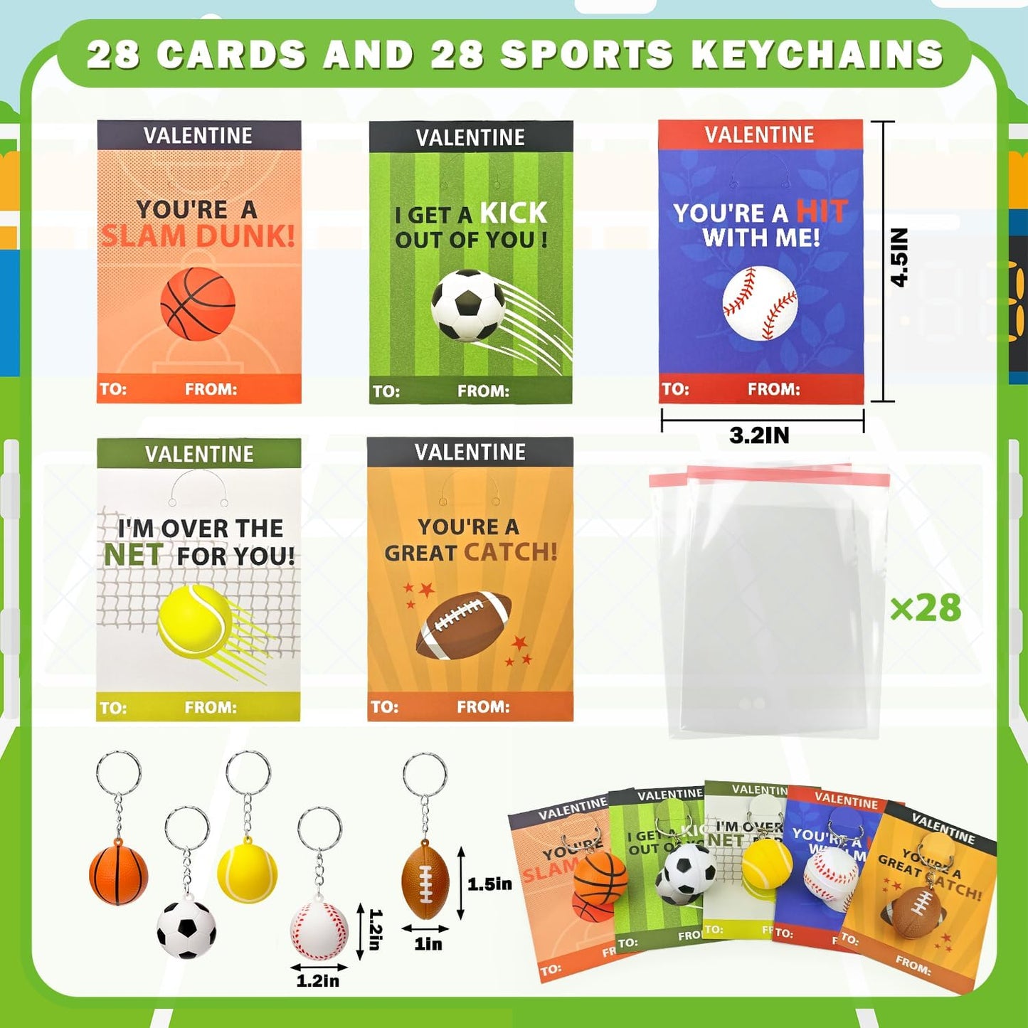Skiennix Sport Stress Ball | Valentine's Day Gifts for Kids - 28 Pack Mini Foam Balls with Keychains & Exchange Cards
