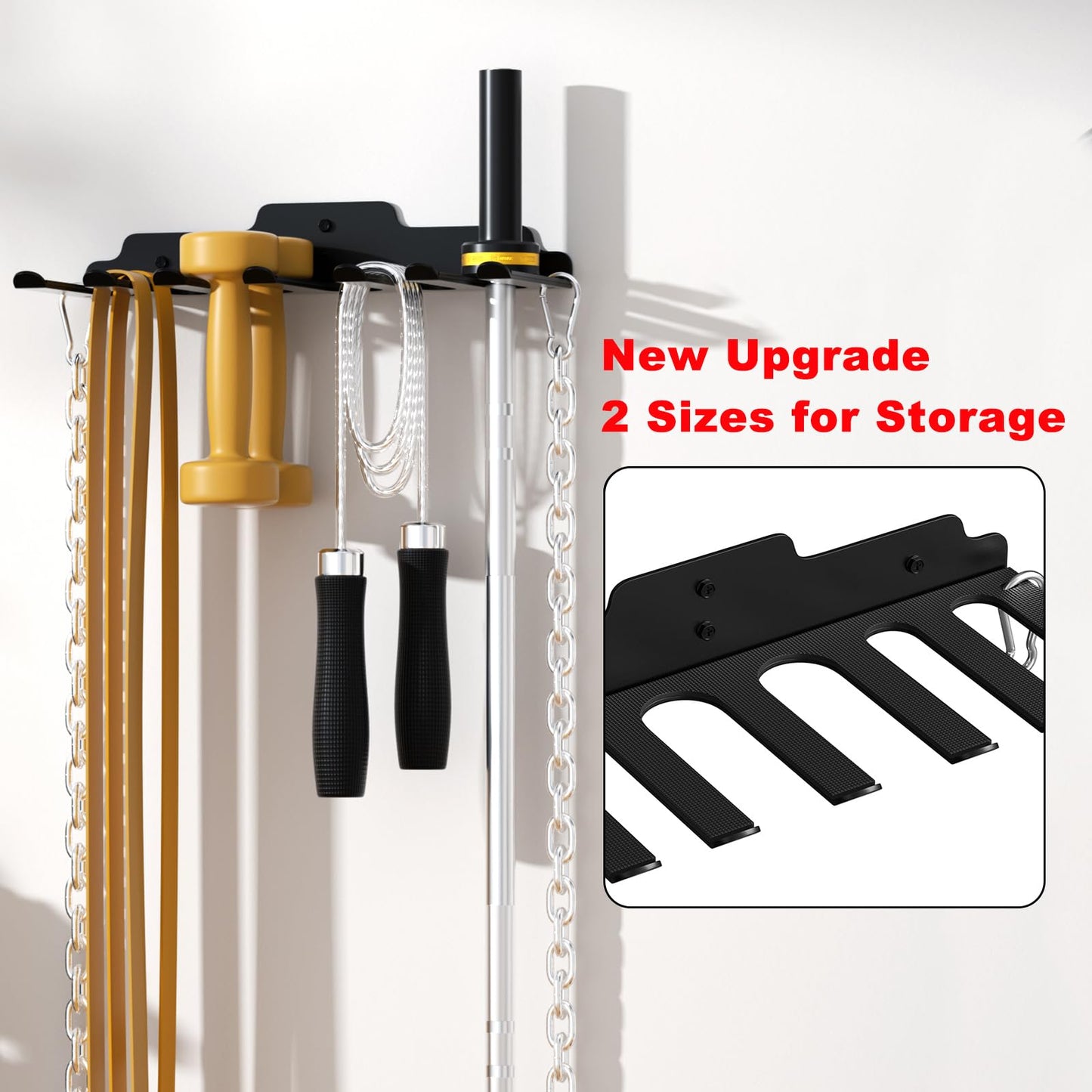 JNIHEEP Gym Home Storage Rack,Home Gym Accessories Hanger with 7 Hooks,Multi-Purpose Heavy Duty Rack for Resistance Bands Jump Ropes Lifting Belt Fitness Bands Barbells(Carabiners Included)