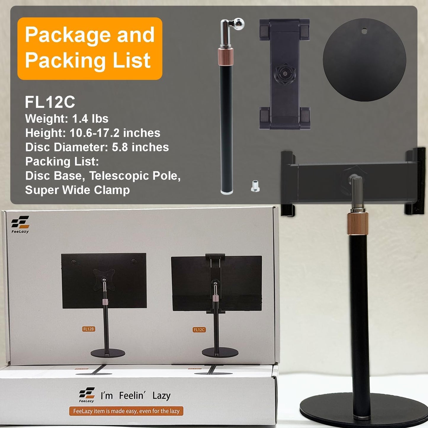 FeeLazy 15.6 inch 18.5 inch FL12C Portable Monitor Stand Tablet Stand for Desk Kindle Holder with Metal Disk
