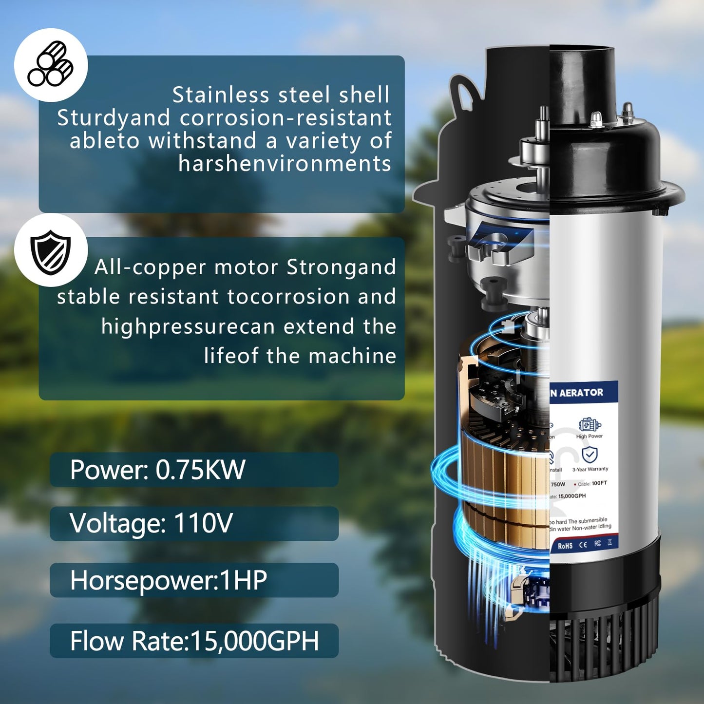 Pond Fountain Aerator Pump, 1HP 110V 15,000 GPM Pond Fountain, pond aerator, 15 Amp/100-foot Power Cord, Timer Controller, Suitable for Pond and Lake Aerator Pumps