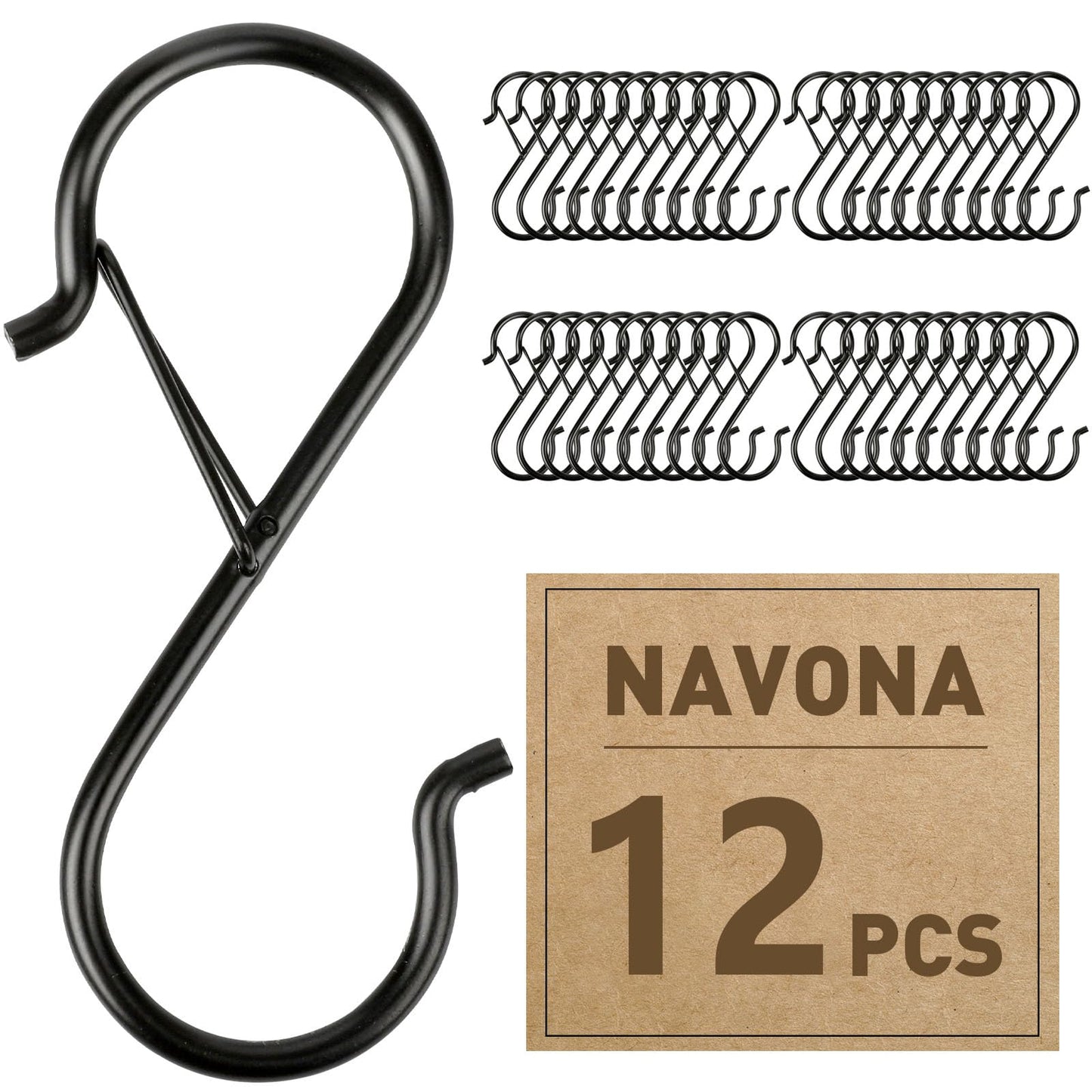 12 Pcs S Hooks for Hanging Heavy Duty, 3.5-inch Heavy Duty Metal S Hook with Safety Buckle, Suitable for 0.5 inch Rods, S Hook for Hanging Plants, Closet, Kitchen Utensil, Pot, Pan, Bags