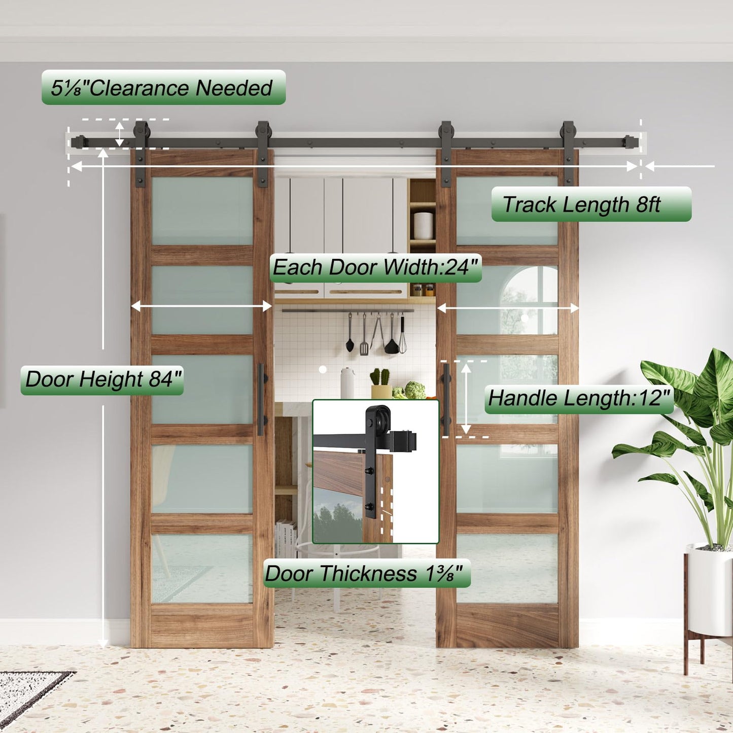 FREDBECK Double 24 x 84 inch Glass Barn Doors 48inch Barn Door with 8FT Hardware Kit & Handle Included,5-Panel Frosted Glass,LVL Wood Panel,Water-Proof PVC Surface,Pre-Drilled Holes,Need Assembly