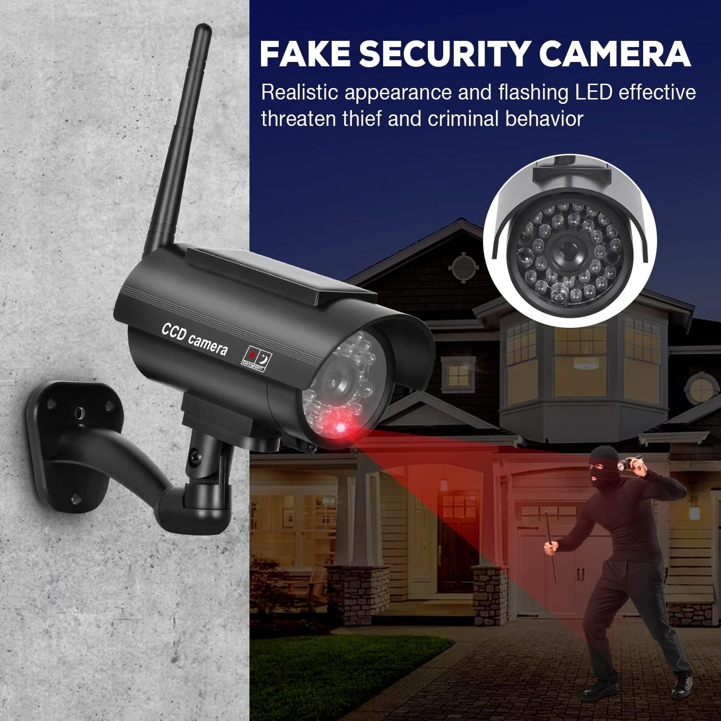 BNT Dummy Indoor/Outdoor(2Pack, Solar Powered Fake Security Camera, Bullet Security Camera Simulated Surveillance