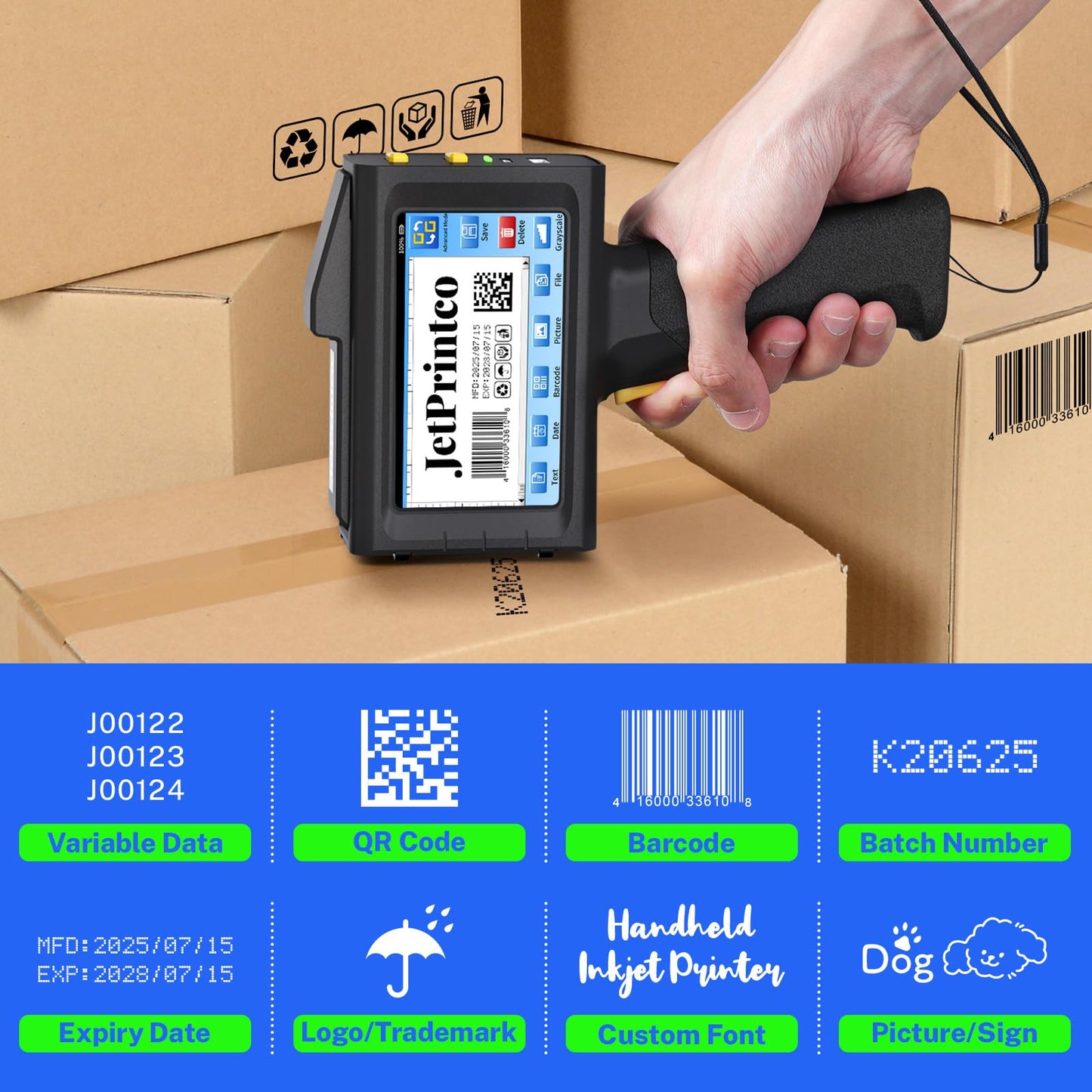 0.5 Inches Print Height Intelligent Handheld Inkjet Printer Lasts 16H Weighs Only 390g for Batch Code Date Lot Number Print on Plastic Carton Wood Metal Glass Aluminum with 42ml Fast Dry Ink (Black)