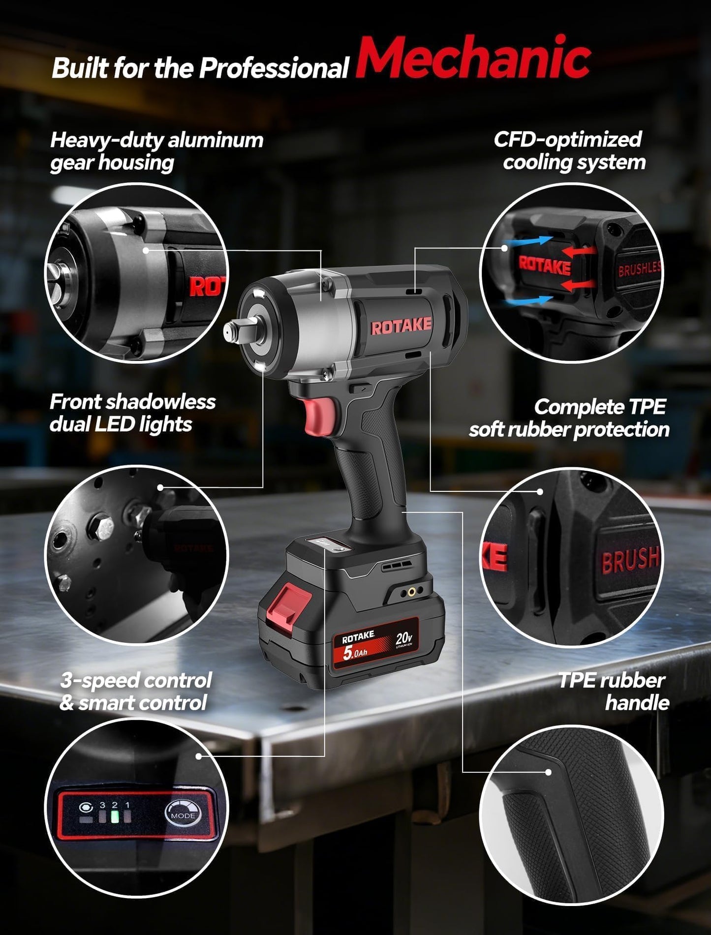 ROTAKE 20V Professional Middle Torque 1/2" Impact Wrench Kit, 880 FT-LBS Nut-Busting Torque, Cordless Impact Gun with Hog Ring, 3-in-1 Unibody Hammer Case, 5.0Ah Battery & 4A Fast Charger, TB2