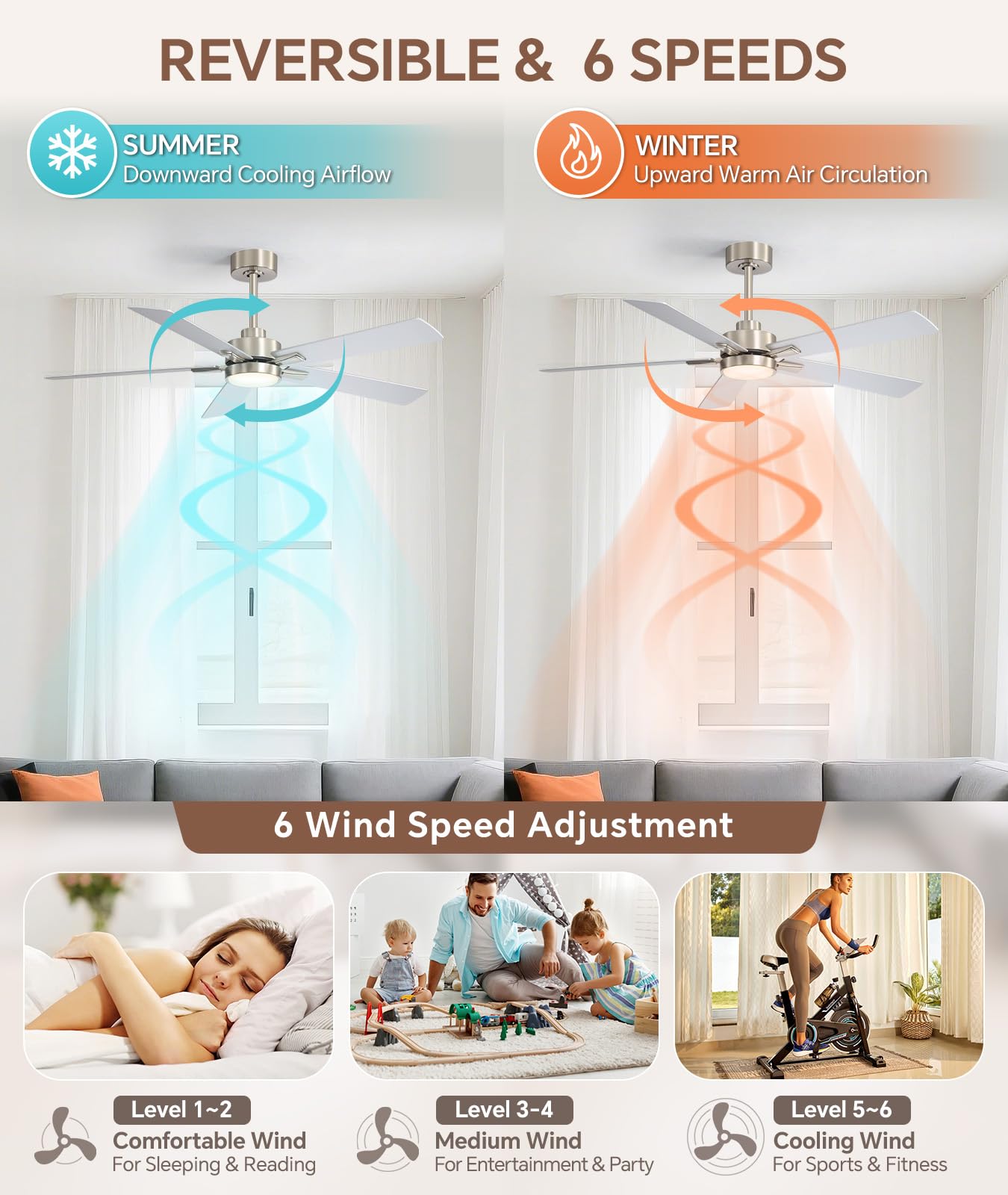 ZYD 52 Inch Brushed Nickel Ceiling Fan, Downrod Mount Brushed Nickel Ceiling Fan DC Motor 6-Speed Reversible, Quiet Ceiling Fans with Lights and Remote for Bedroom, Indoor & Covered Outdoor