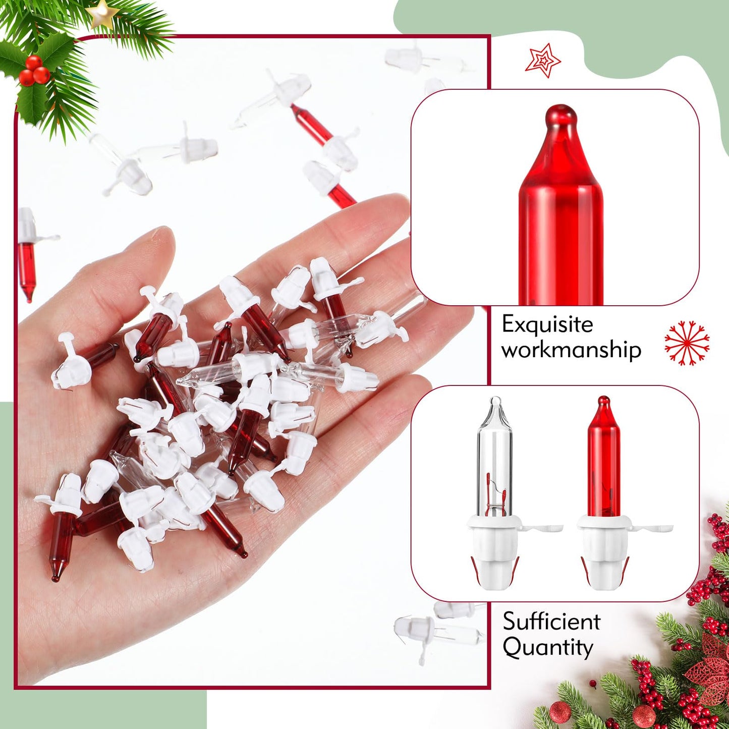 Mudder Christmas Tree Light Bulbs 200 Count Mini Incandescent 2.5V White Base with Red White Bulbs