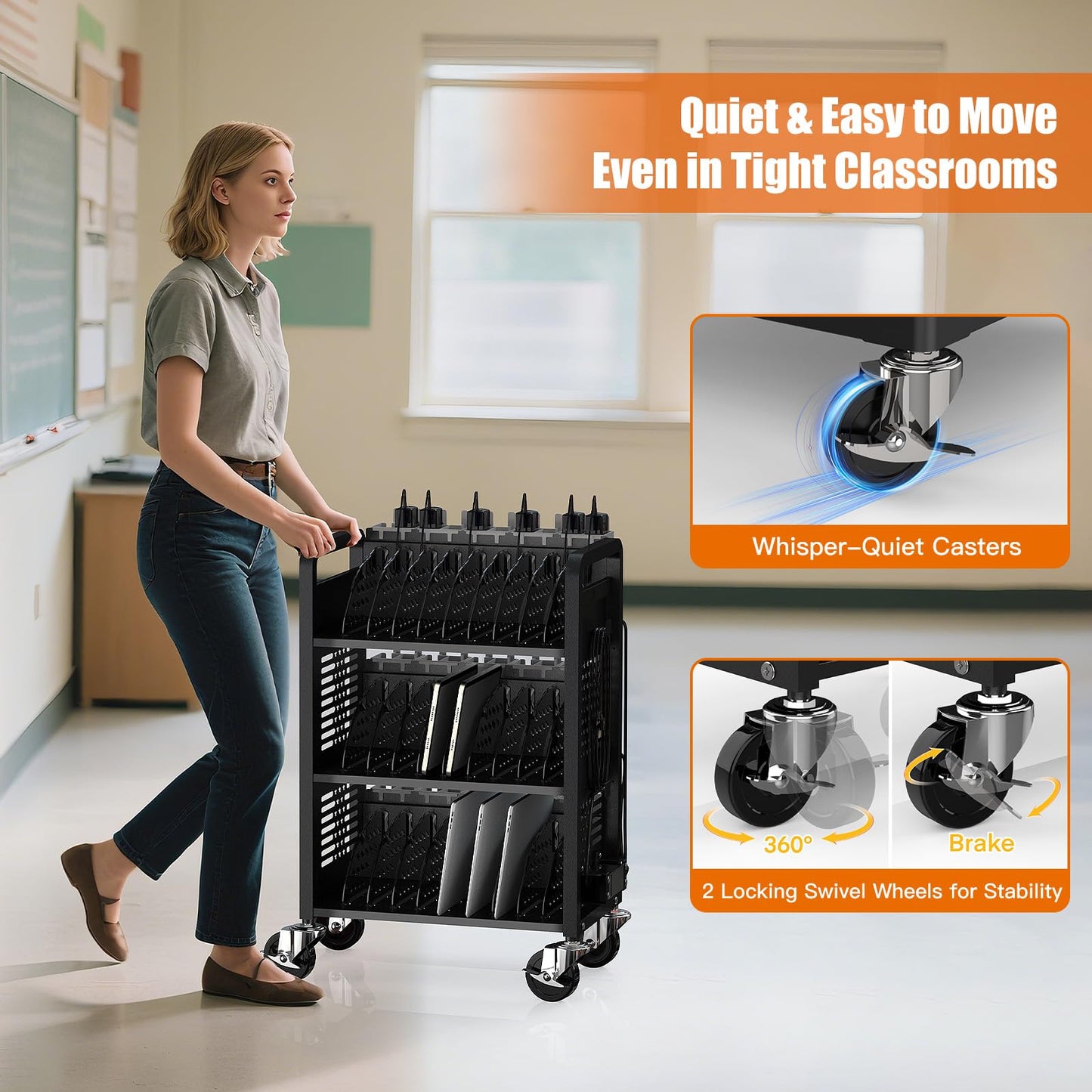 Metateel 30-Unit Mobile Charging Cart-Open Charging Station Rack for 14-inch Chromebooks and Tablets-Tablet Organizer Station with Cable Management and Charger Organization(Black)