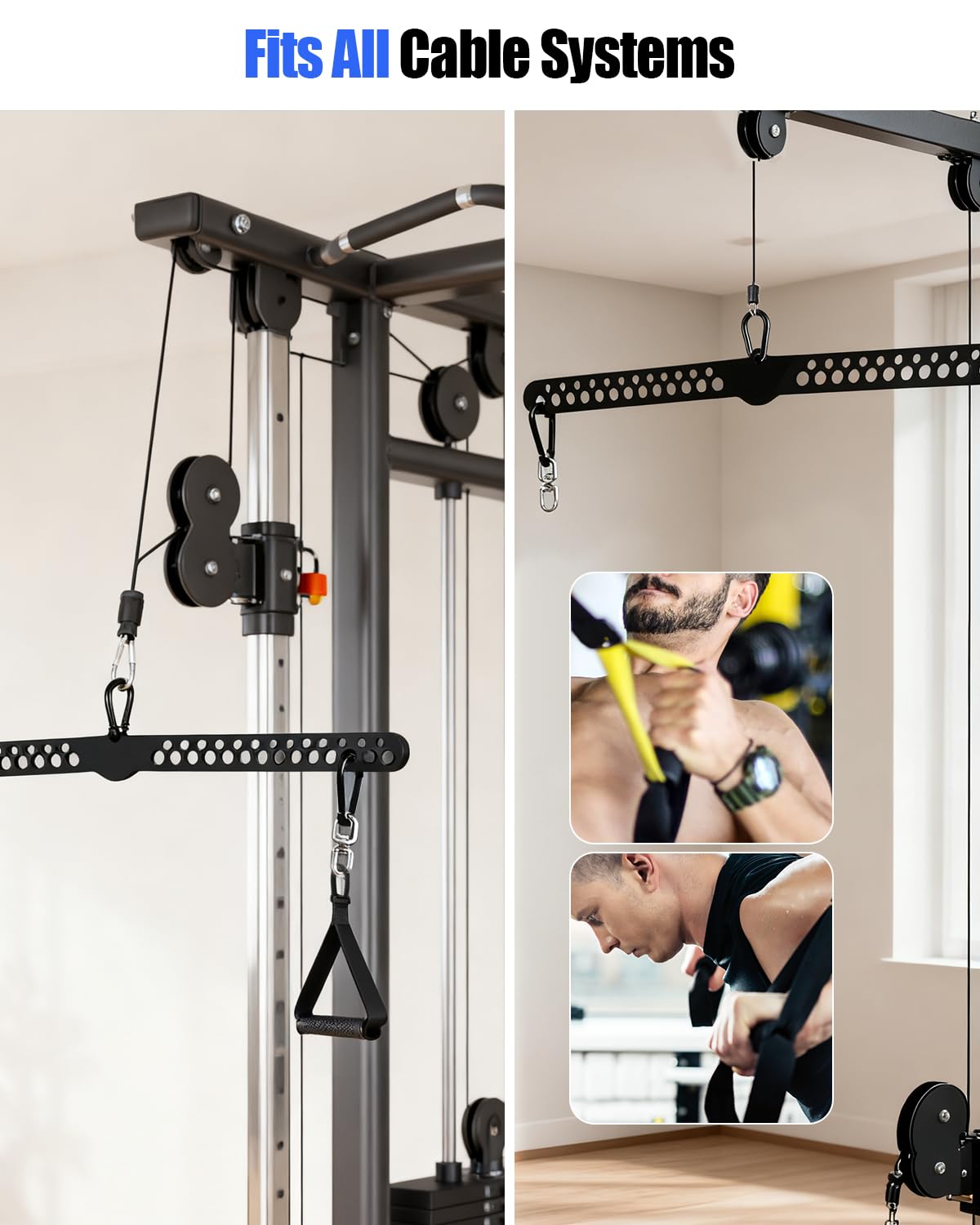Multi-Grip LAT Pulldown Bar for Home Gym, 2 Extra Handles, Lat Pull Down Attachment with Swivel Bearings & Carabiners for Cable Machine Pulley System, Tricep Pushdown, Back Workout, Strength Training