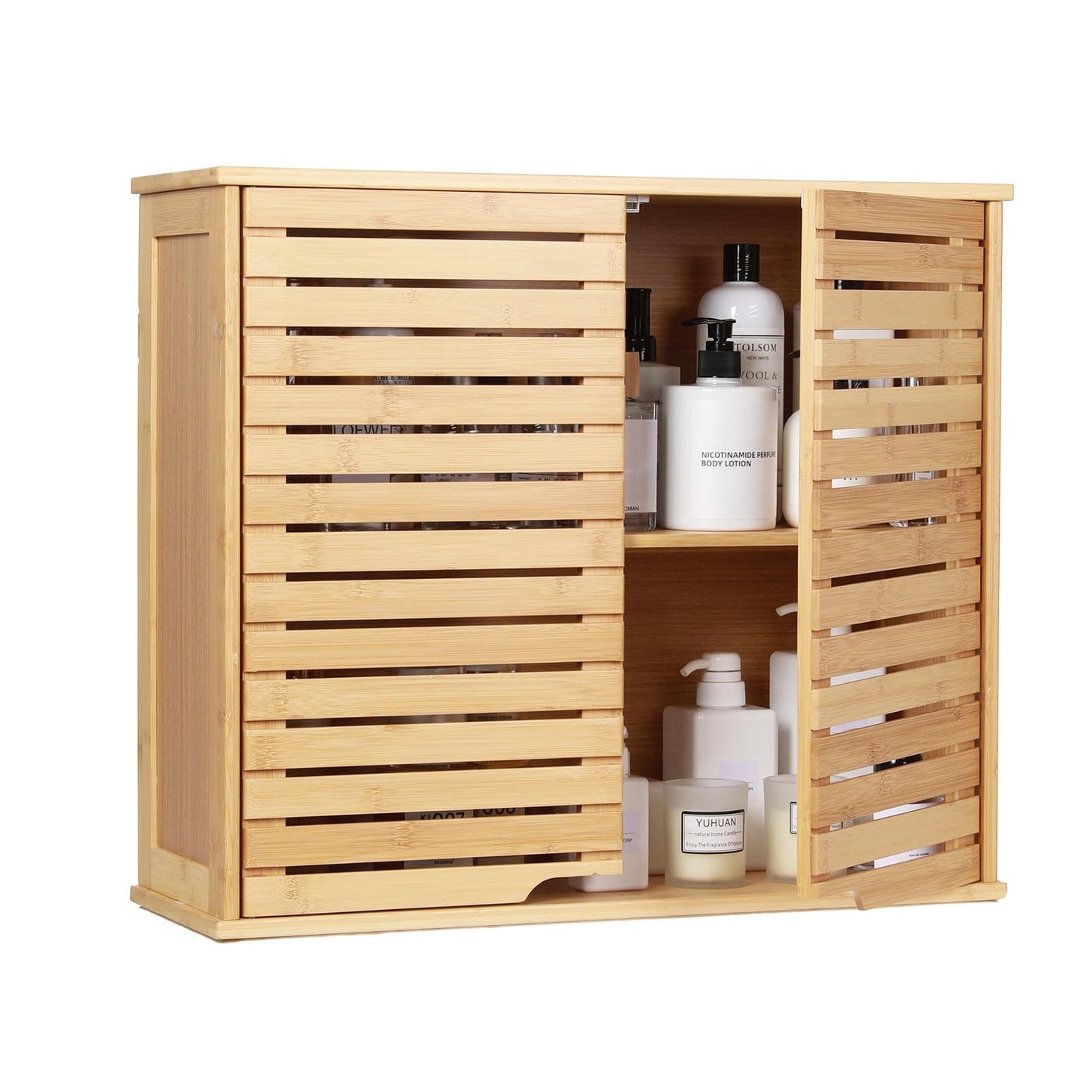 HYNAWIN Bathroom Wall Mounted Bamboo Storage Cabinet with Double Doors, 2-Tier Adjustable Shelf, Over Toilet Organizer for Bathroom, Kitchen, Entryway