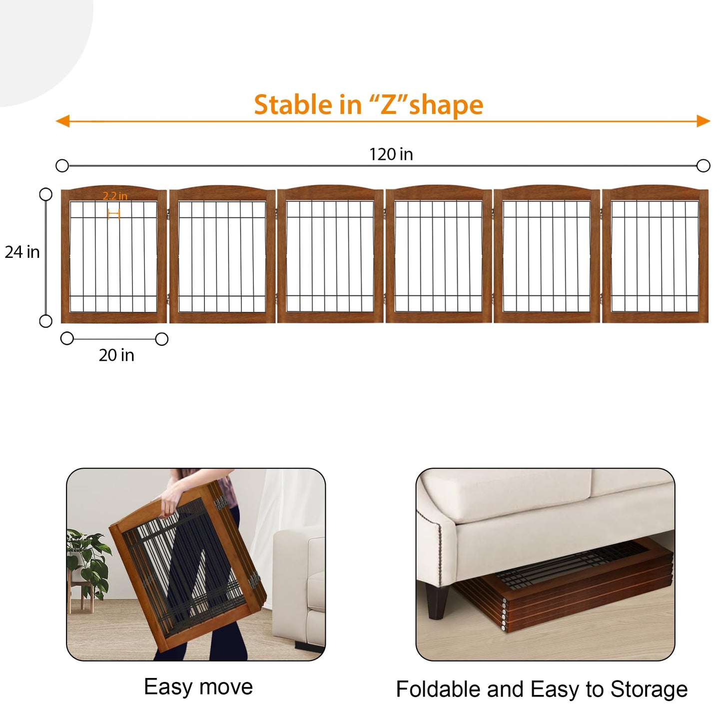 LZRS 6-Panel Extra Wide Wooden Freestanding Dog Gate: Foldable Solid Wood and Steel Wire Chew Resistant Safety Barrier for Doorways, Stairs, and Open Long Spaces Indoor Use, Cherry