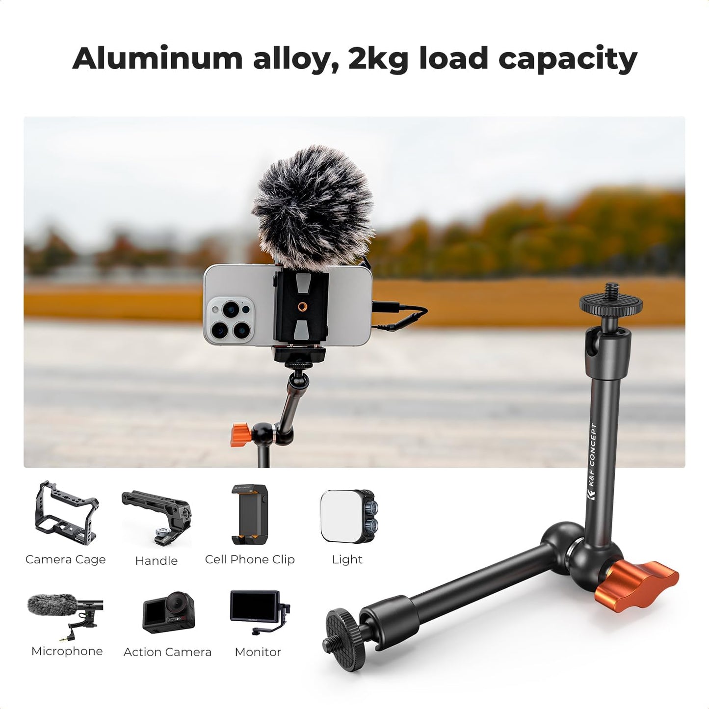 K&F CONCEPT 9.8" 1/4" 3/8" 360 Magic Arm Clamp Kit with & Thread Screw Ball Heads Articulating Magic Arm with Tripod